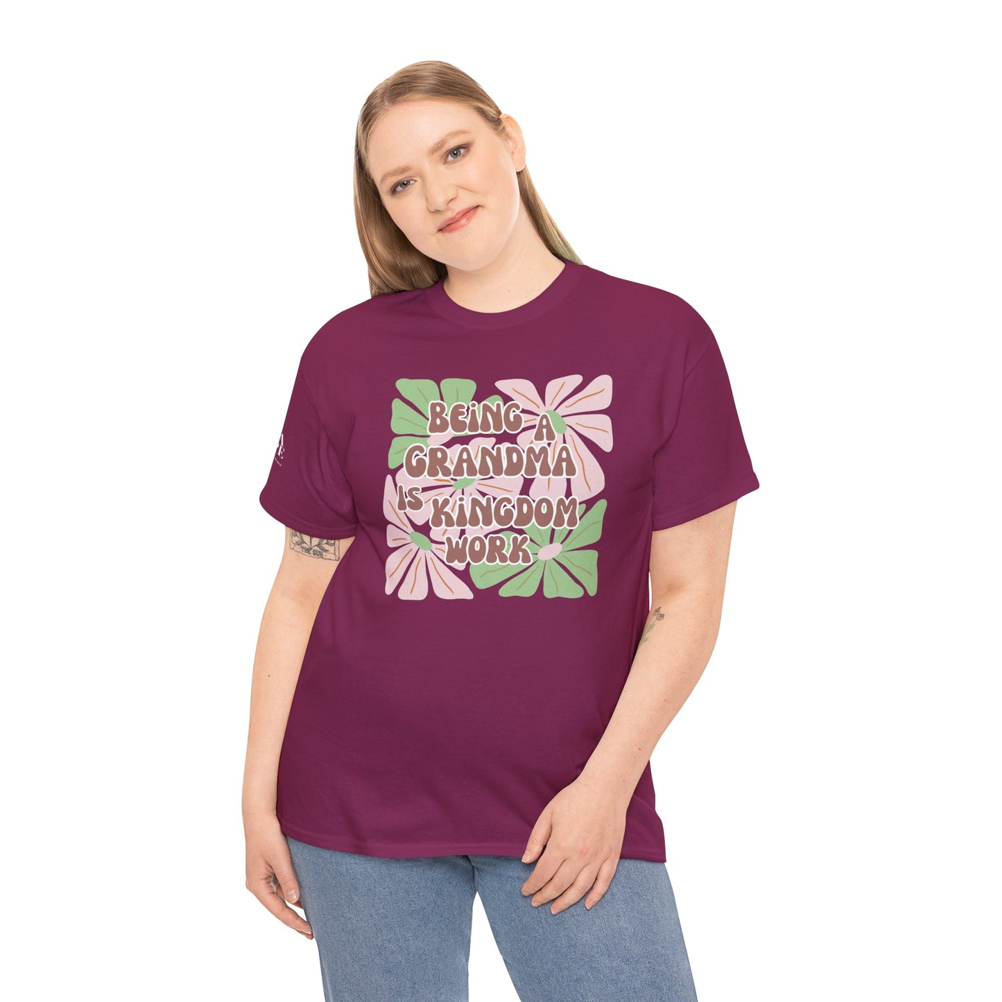 Being A Grandma Is Kingdom Work T-Shirt — Floral Retro Grandmother Appreciation Gift