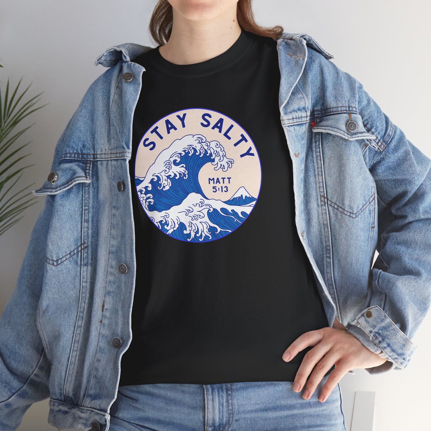Stay Salty Surf T-Shirt — Coastal Wave Graphic with Matthew 5:13 (Hokusai-Inspired)