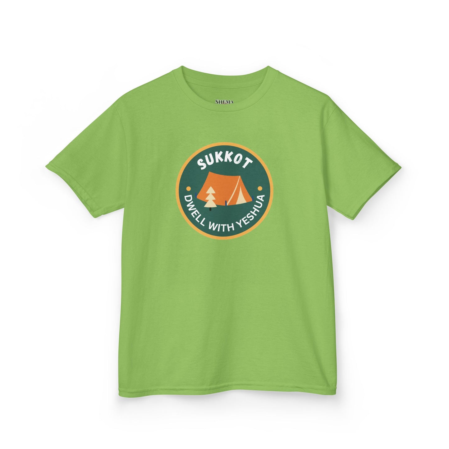 Kids Sukkot Tee — 'Sukkot - Dwell with Yeshua' Camping Badge Shirt