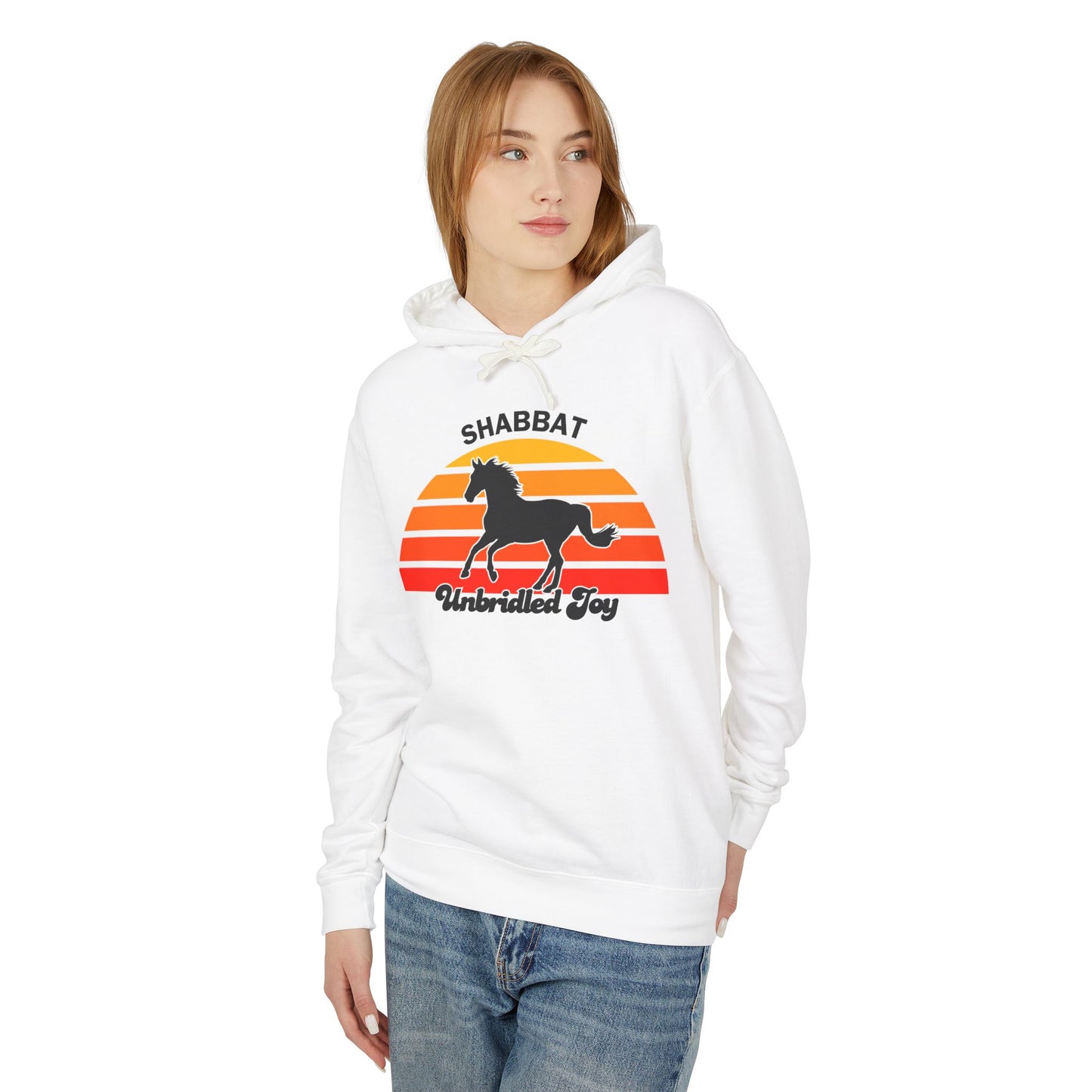 Shabbat Unbridled Joy Hoodie — Retro Sunset Horse Hooded Sweatshirt
