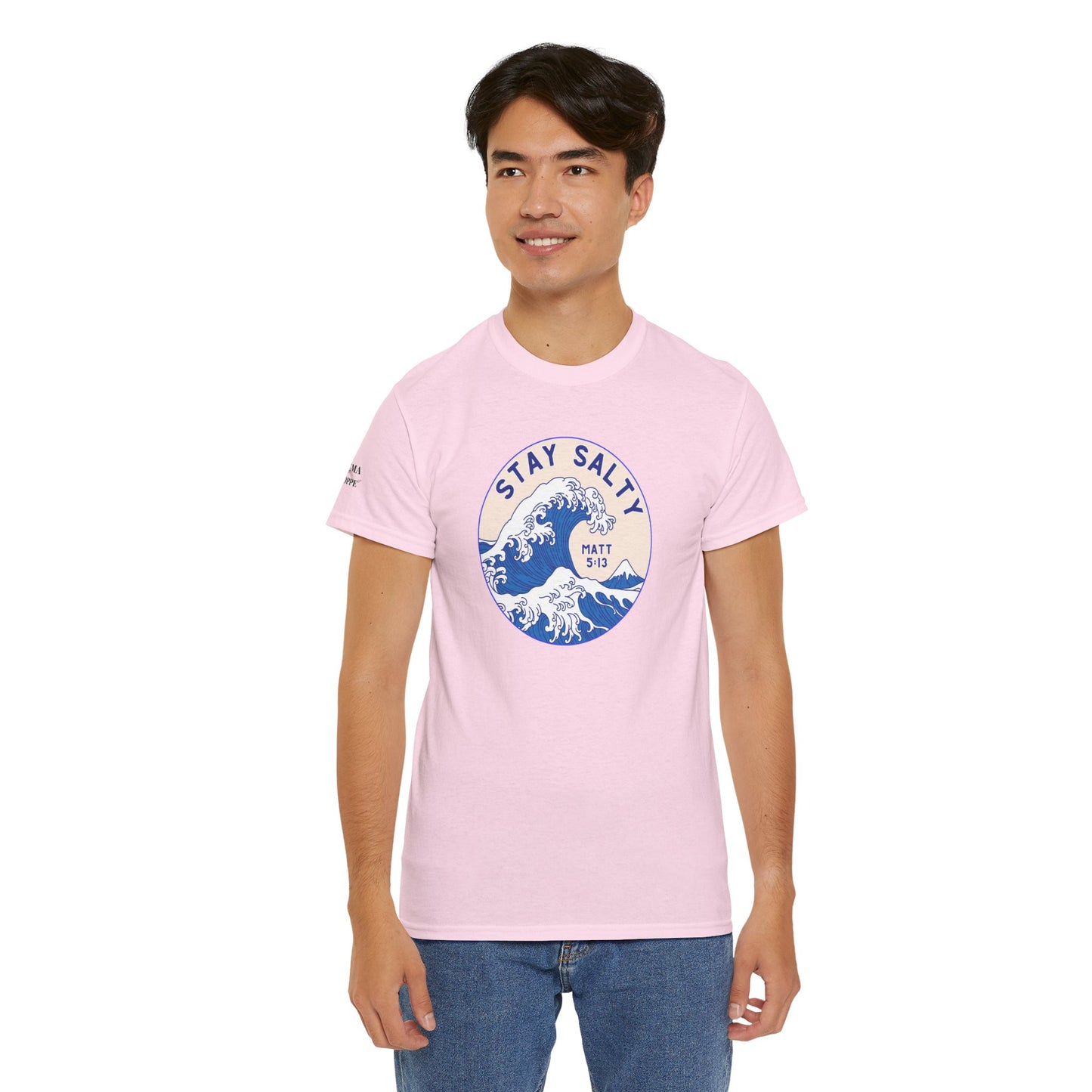 Stay Salty Surf T-Shirt — Coastal Wave Graphic with Matthew 5:13 (Hokusai-Inspired)