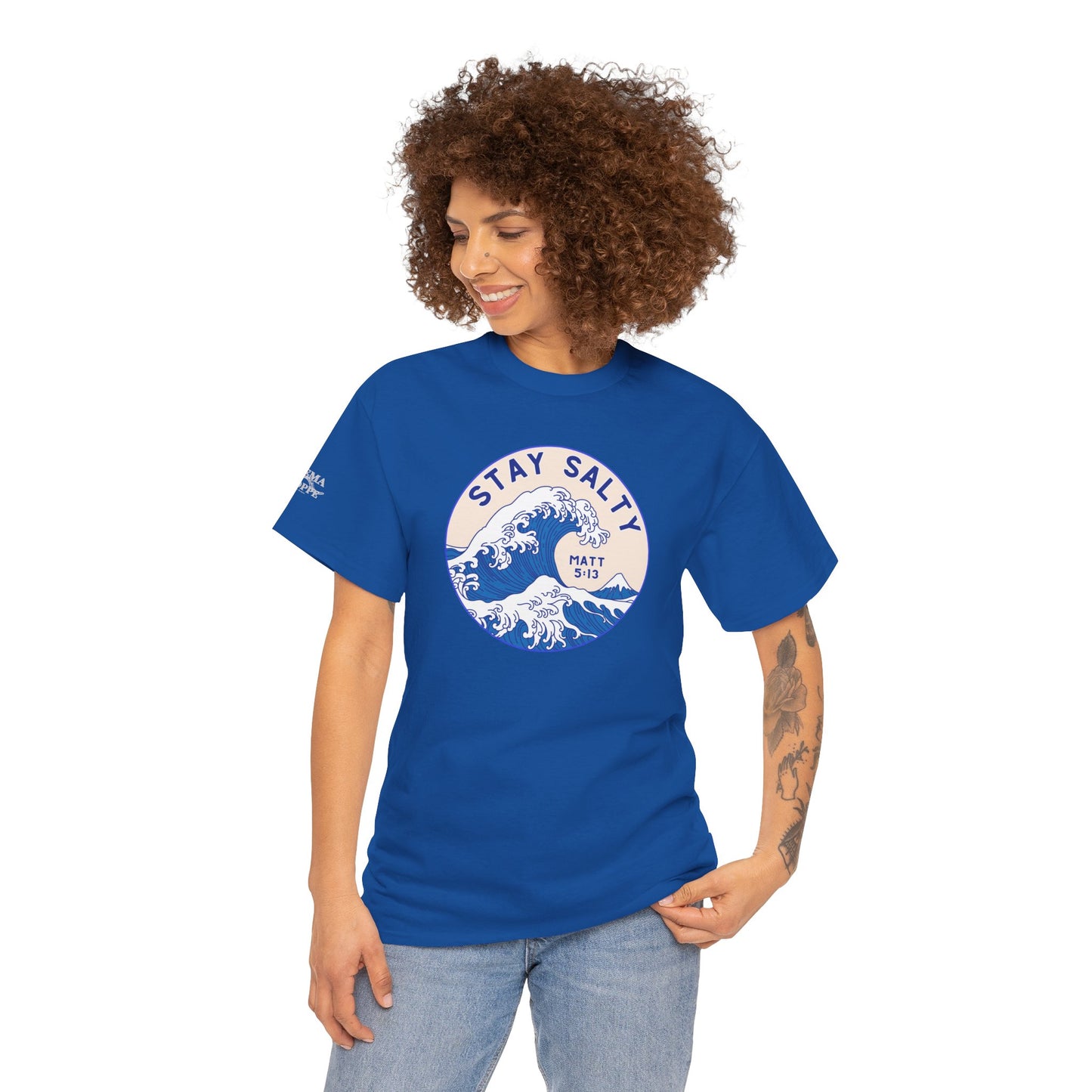 Stay Salty Surf T-Shirt — Coastal Wave Graphic with Matthew 5:13 (Hokusai-Inspired)