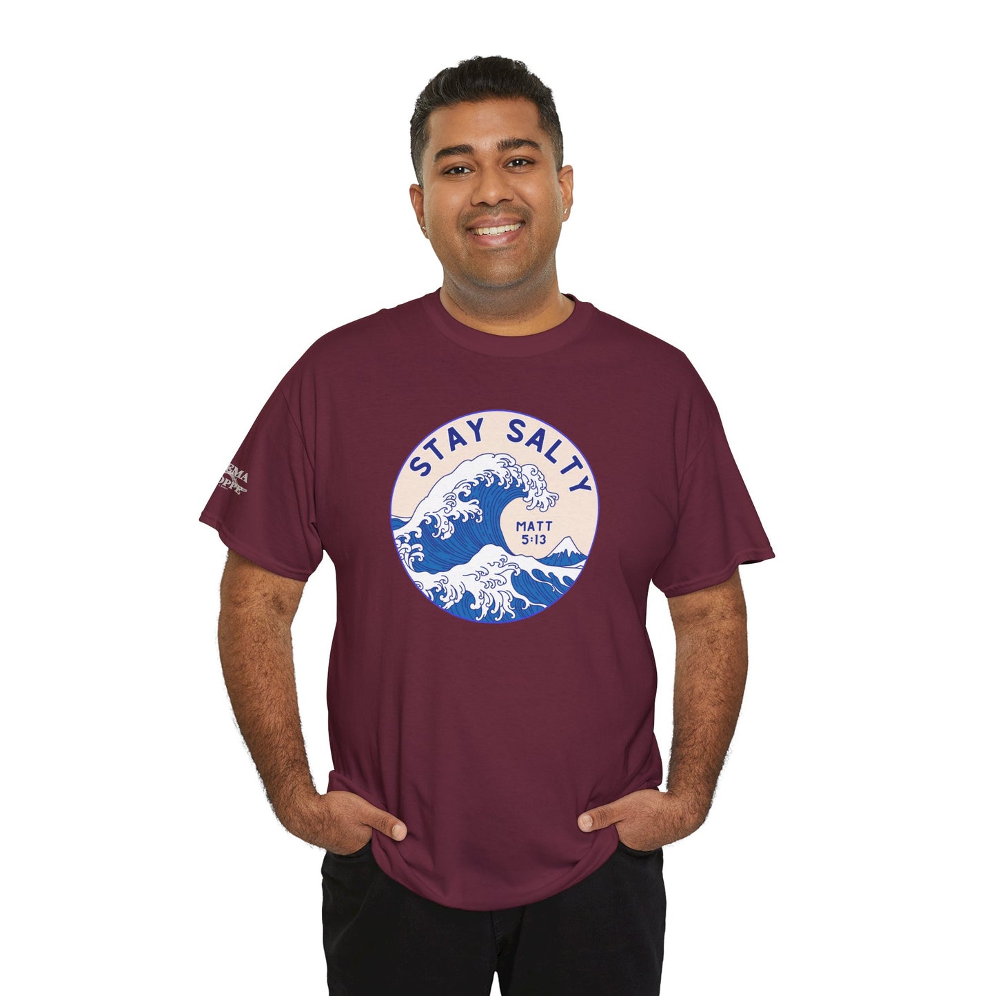 Stay Salty Surf T-Shirt — Coastal Wave Graphic with Matthew 5:13 (Hokusai-Inspired)