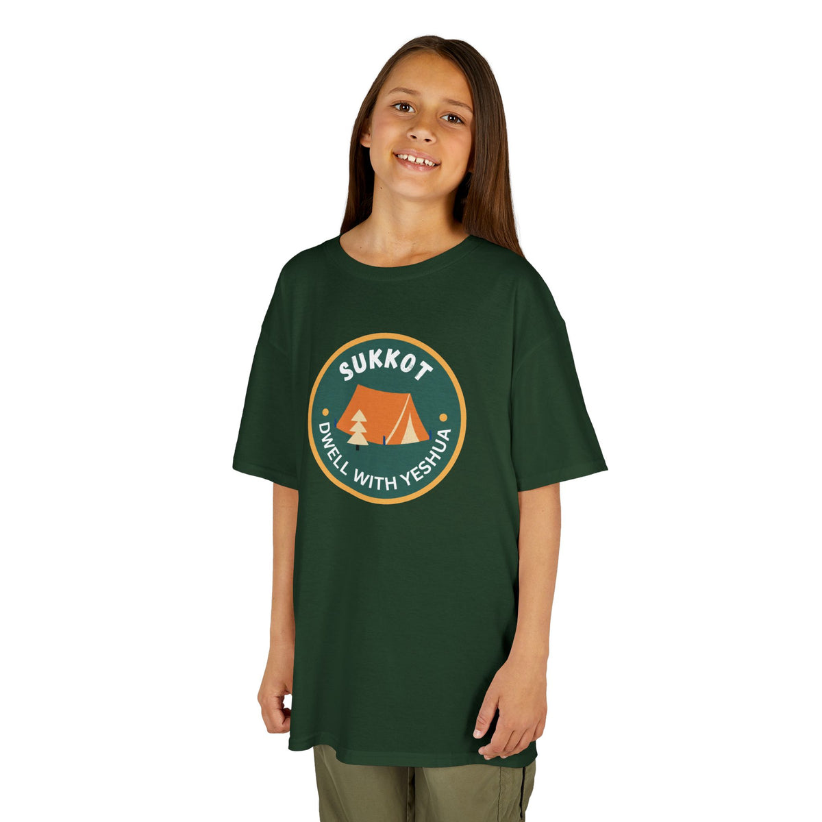 Kids Sukkot Tee — 'Sukkot - Dwell with Yeshua' Camping Badge Shirt