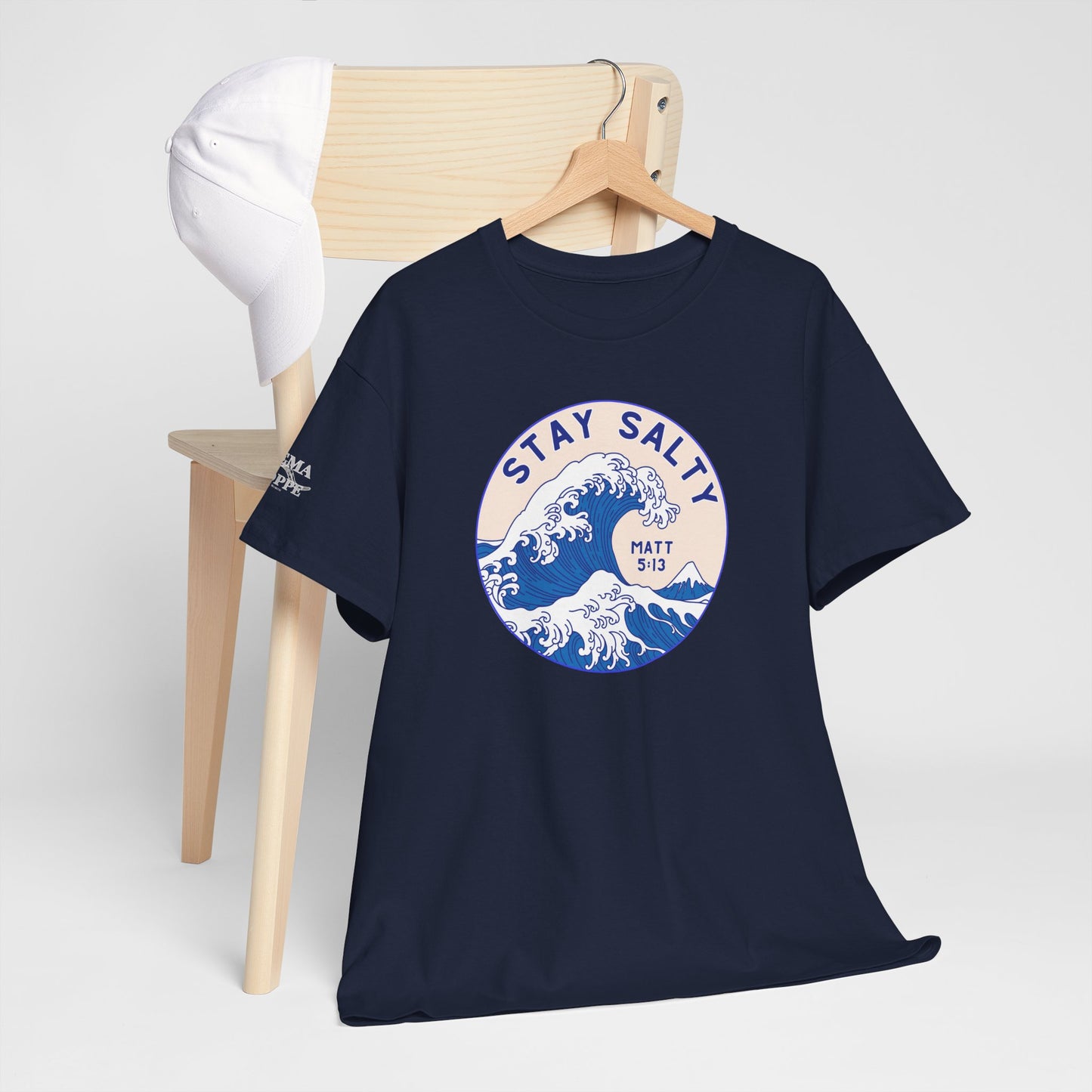 Stay Salty Surf T-Shirt — Coastal Wave Graphic with Matthew 5:13 (Hokusai-Inspired)