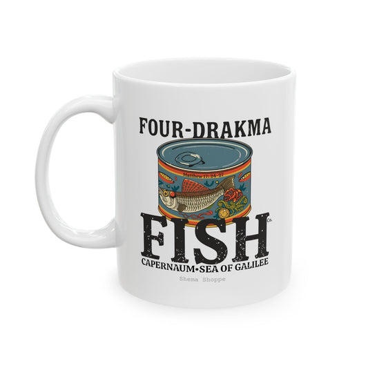Vintage Label Four-Drakma Fish Company Ceramic Cafe Design, Funny Coffee Lover Gift, Tea Mug for Home, Office, Unique Drinkware for Bibliophiles