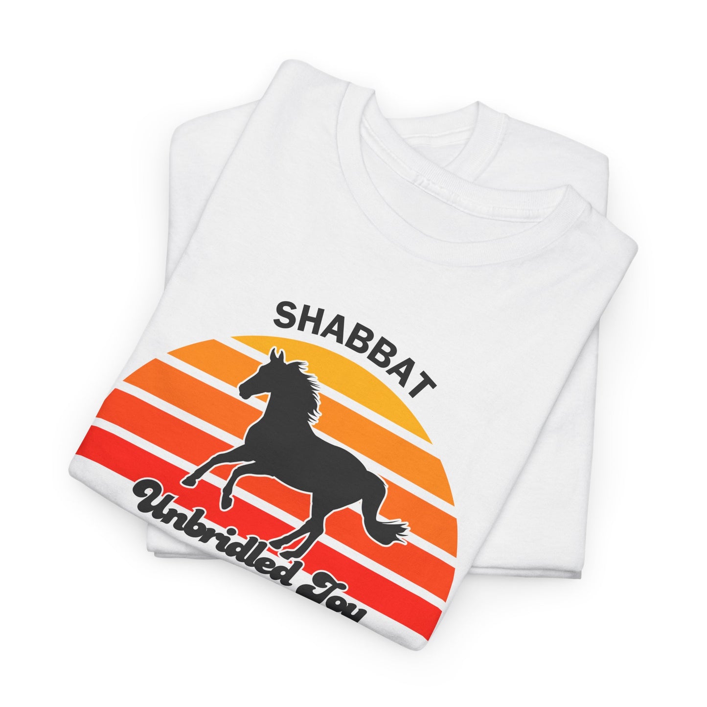 Shabbat Unbridled Joy Tee — Retro Horse Sabbath Sunset T‑Shirt