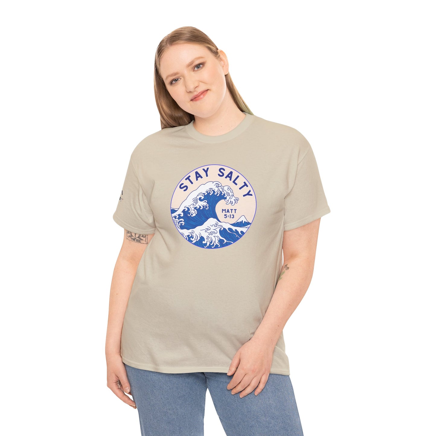 Stay Salty Surf T-Shirt — Coastal Wave Graphic with Matthew 5:13 (Hokusai-Inspired)