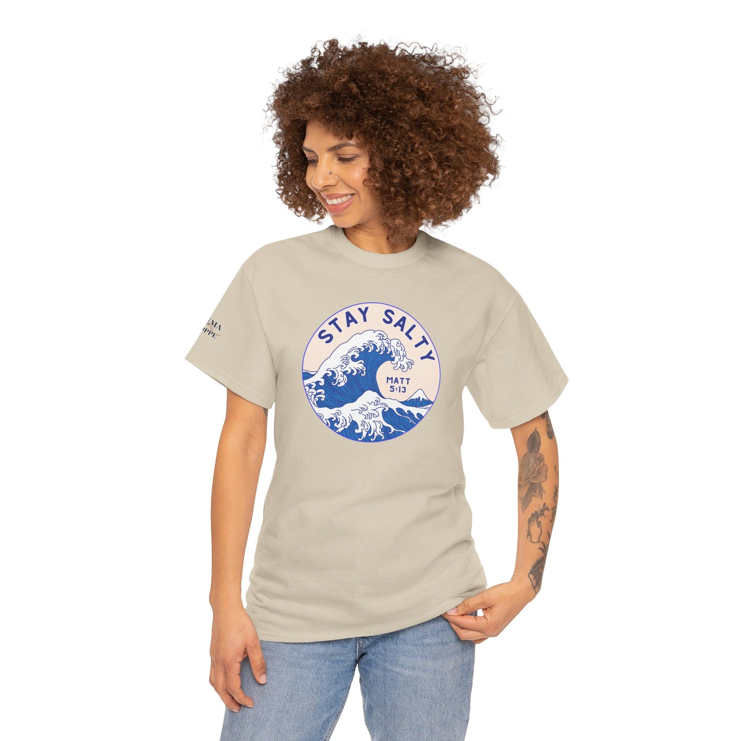 Stay Salty Surf T-Shirt — Coastal Wave Graphic with Matthew 5:13 (Hokusai-Inspired)
