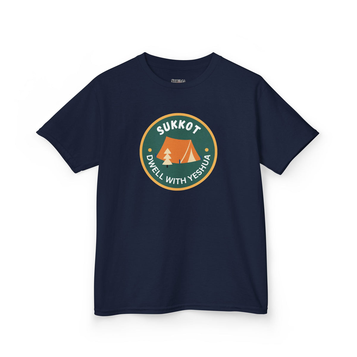 Kids Sukkot Tee — 'Sukkot - Dwell with Yeshua' Camping Badge Shirt