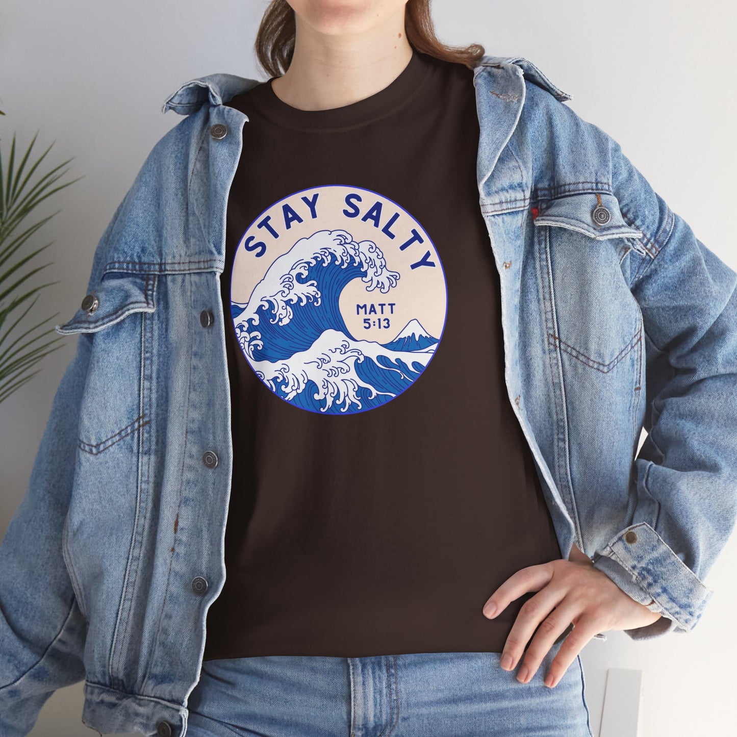 Stay Salty Surf T-Shirt — Coastal Wave Graphic with Matthew 5:13 (Hokusai-Inspired)
