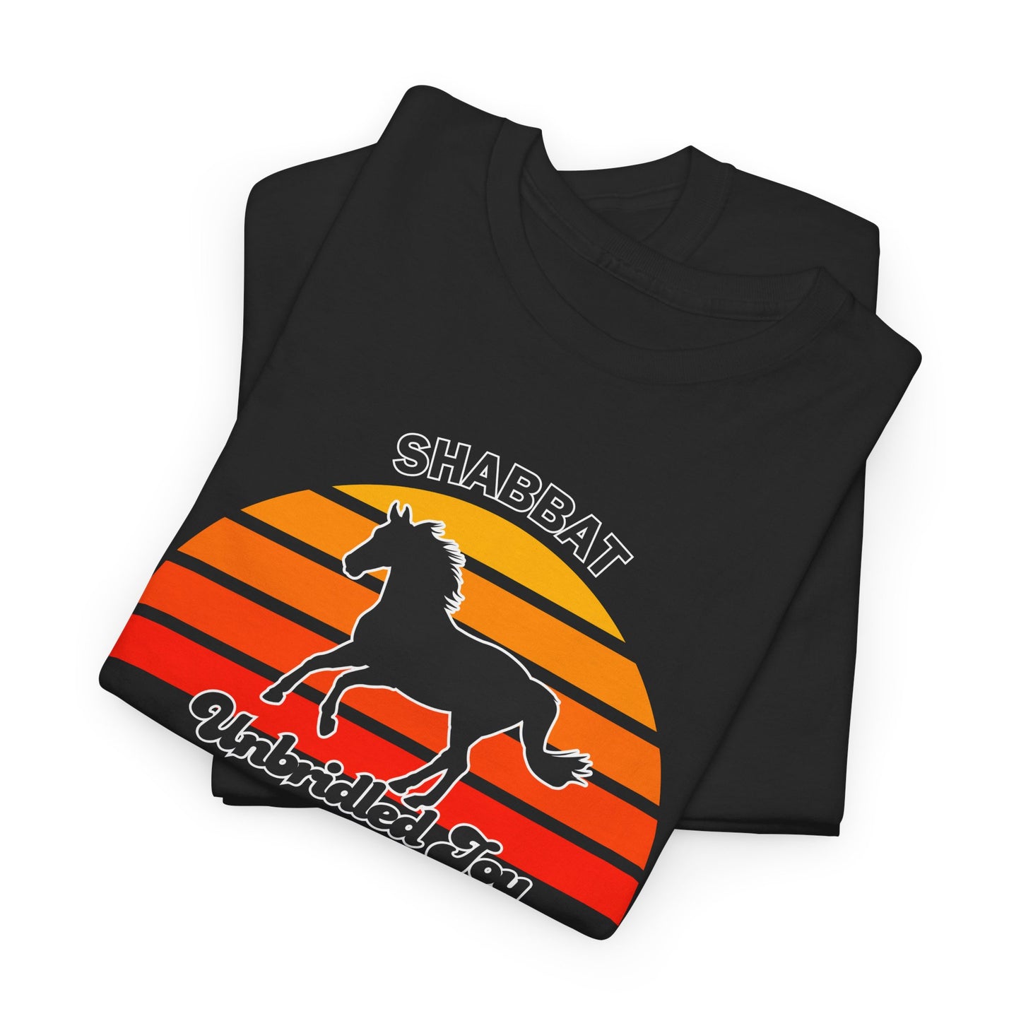 Shabbat Unbridled Joy Tee — Retro Horse Sabbath Sunset T‑Shirt