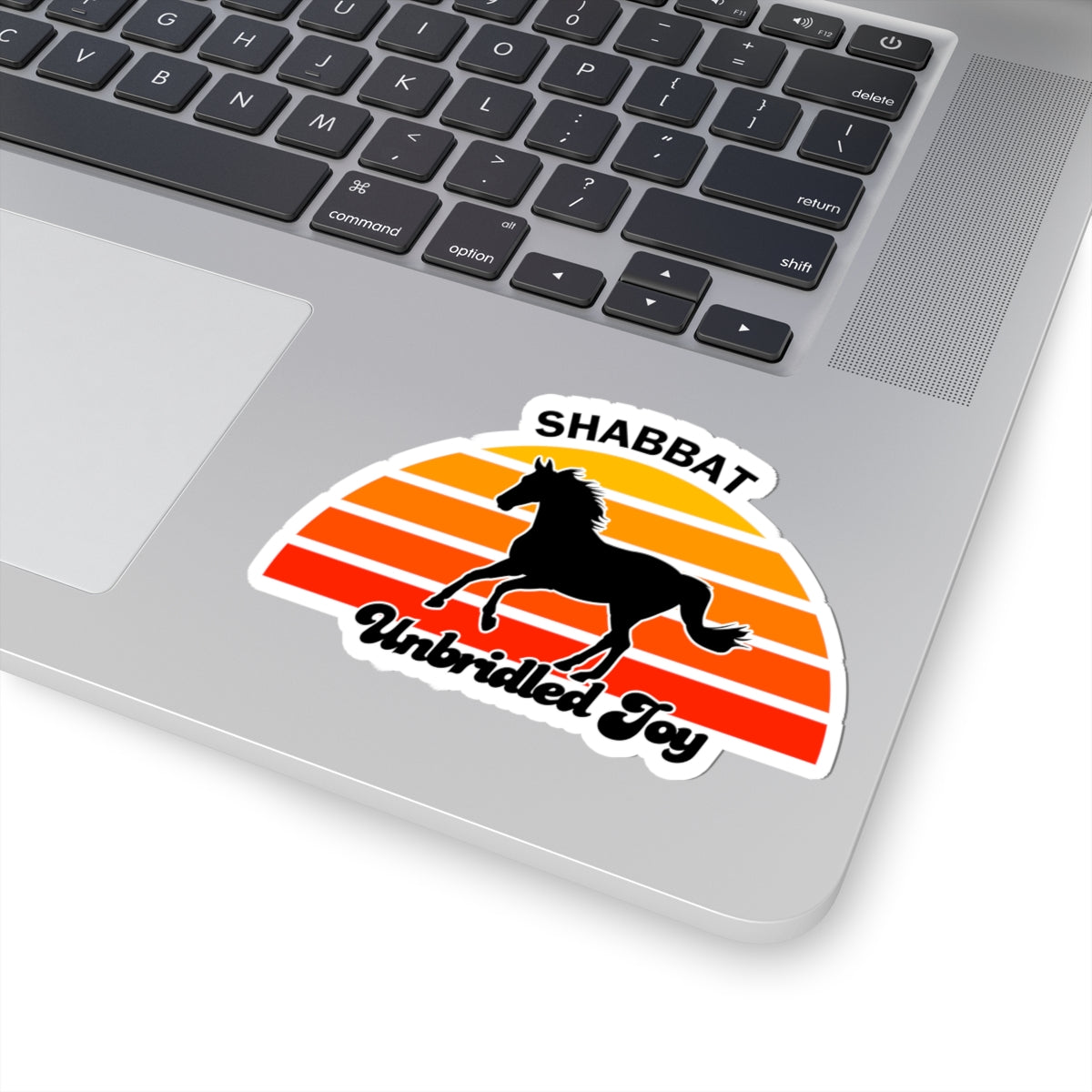 Shabbat Unbridled Joy Sticker — Retro Sunset Horse Kiss-Cut Sticker