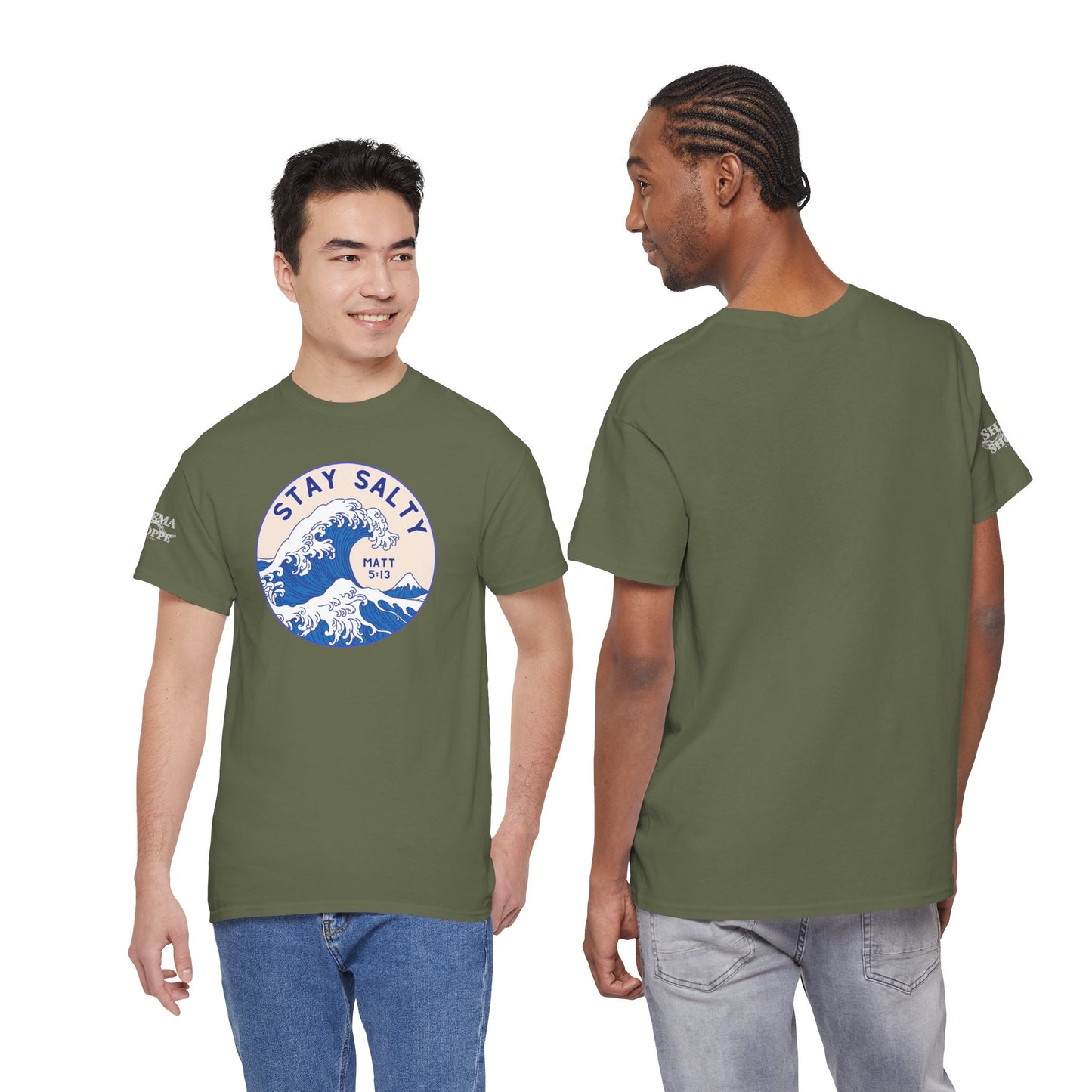Stay Salty Surf T-Shirt — Coastal Wave Graphic with Matthew 5:13 (Hokusai-Inspired)