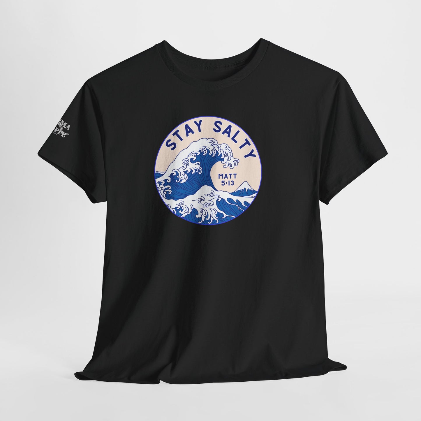 Stay Salty Surf T-Shirt — Coastal Wave Graphic with Matthew 5:13 (Hokusai-Inspired)