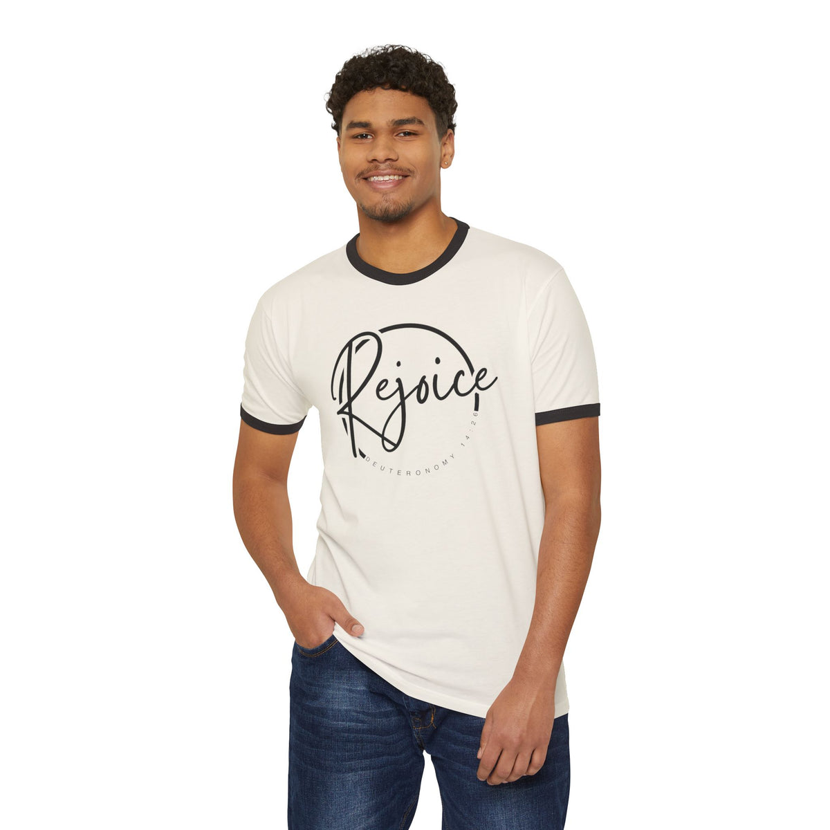 Rejoice Script Ringer Tee — Inspirational Torah Inspired Biblical Feast Graphic T-Shirt