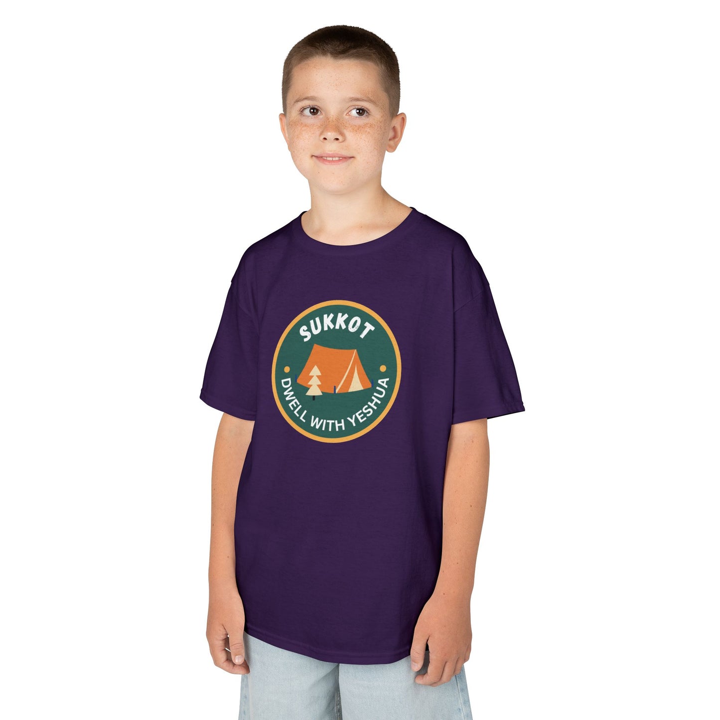 Kids Sukkot Tee — 'Sukkot - Dwell with Yeshua' Camping Badge Shirt