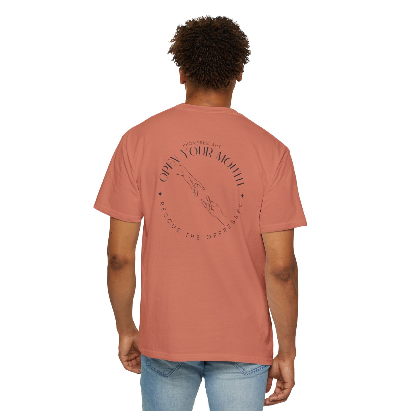 Open your Mouth Garment-Dyed T-Shirt — Rescue the Oppressed Back Print