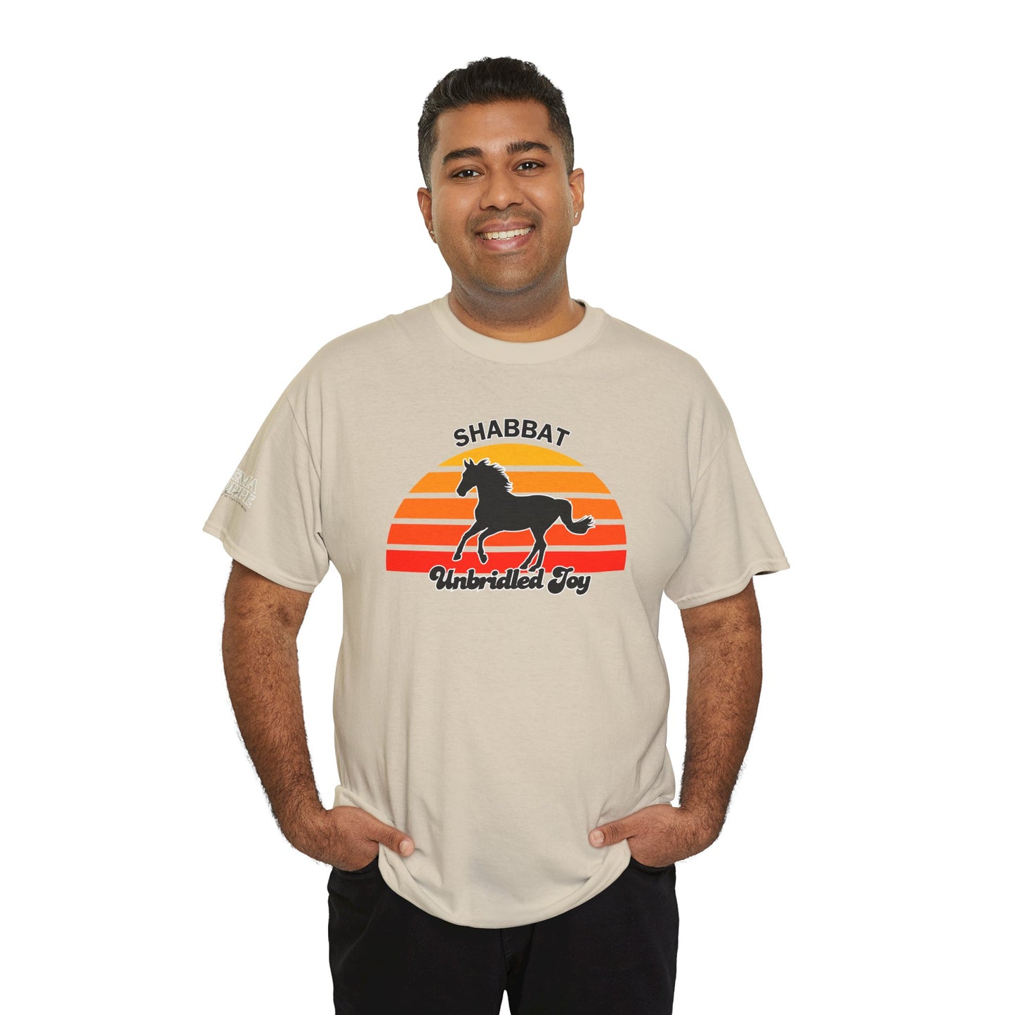 Shabbat Unbridled Joy Tee — Retro Horse Sabbath Sunset T‑Shirt