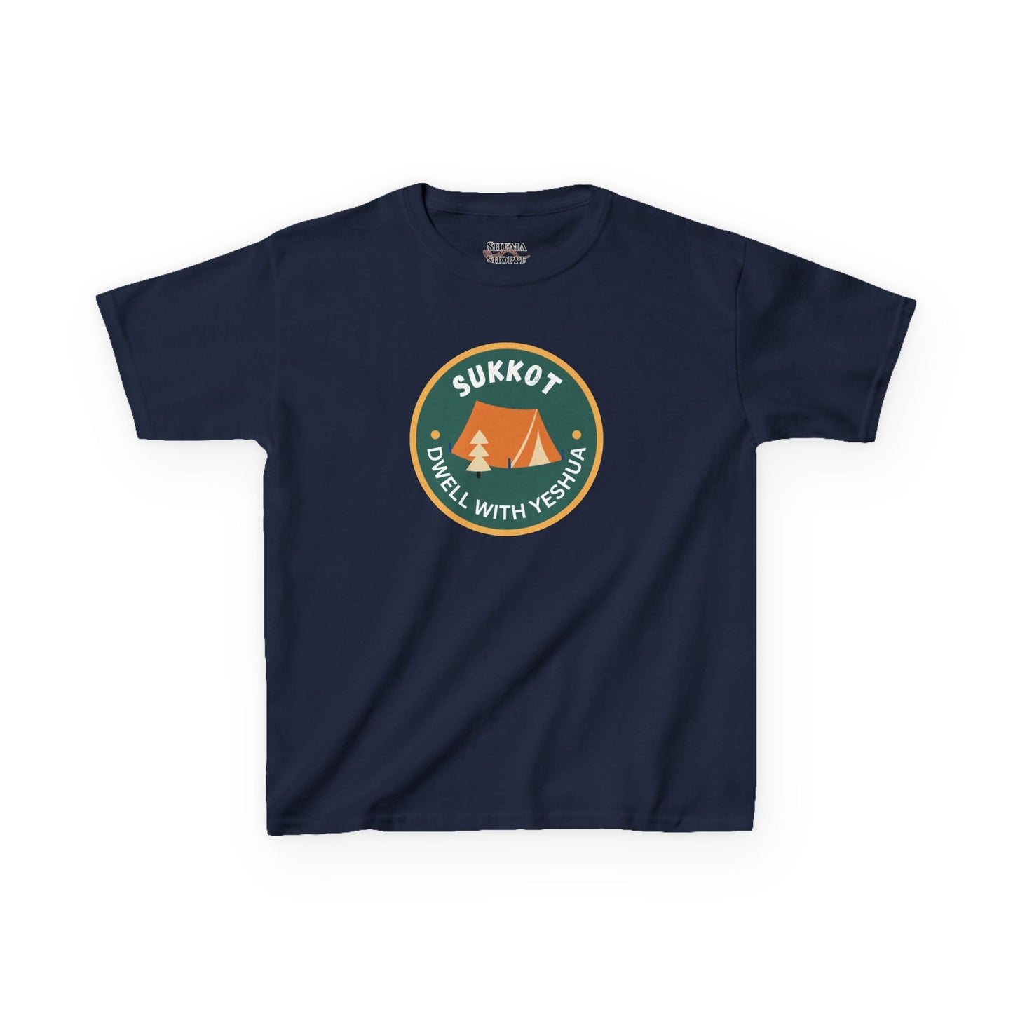 Kids Sukkot Tee — 'Sukkot - Dwell with Yeshua' Camping Badge Shirt