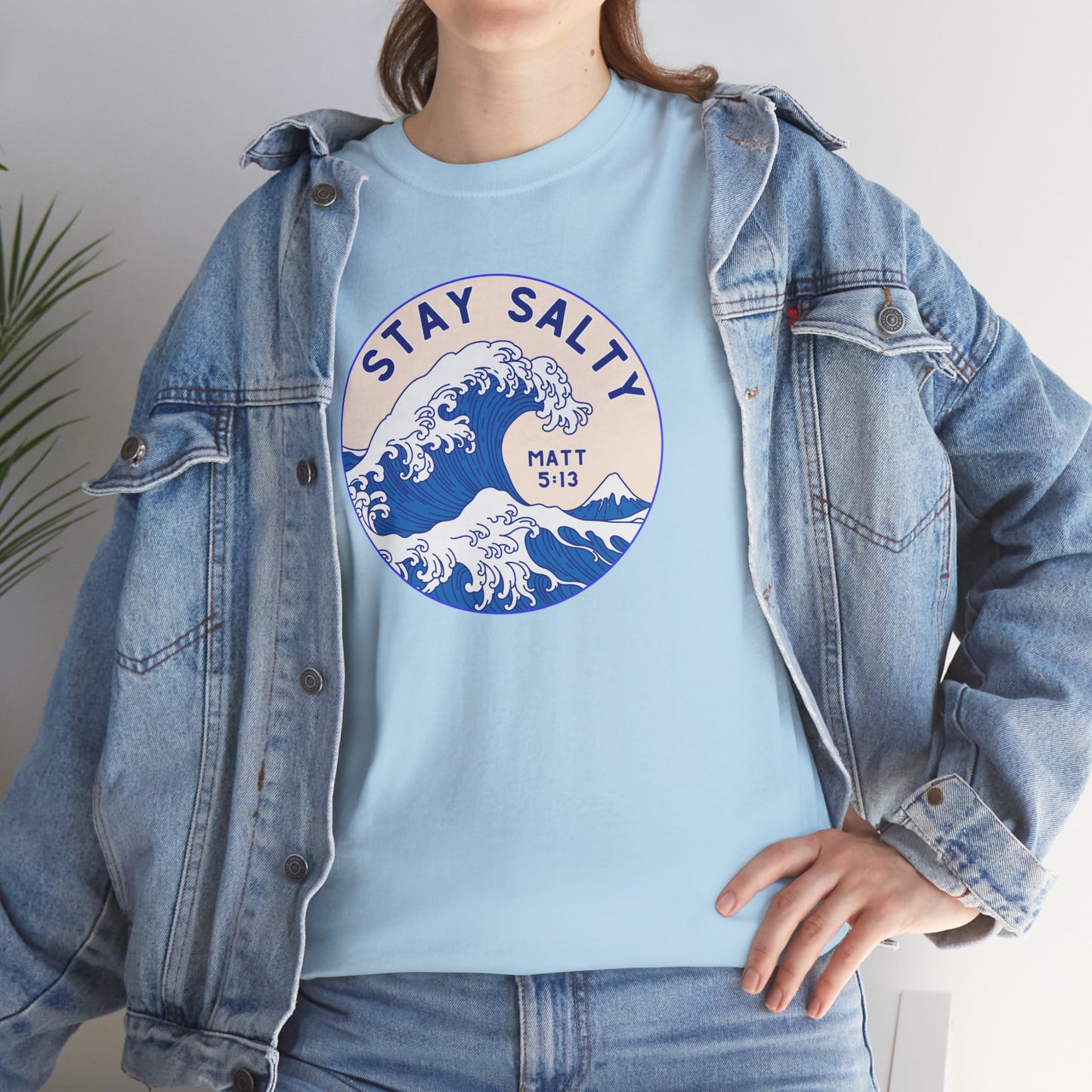Stay Salty Surf T-Shirt — Coastal Wave Graphic with Matthew 5:13 (Hokusai-Inspired)