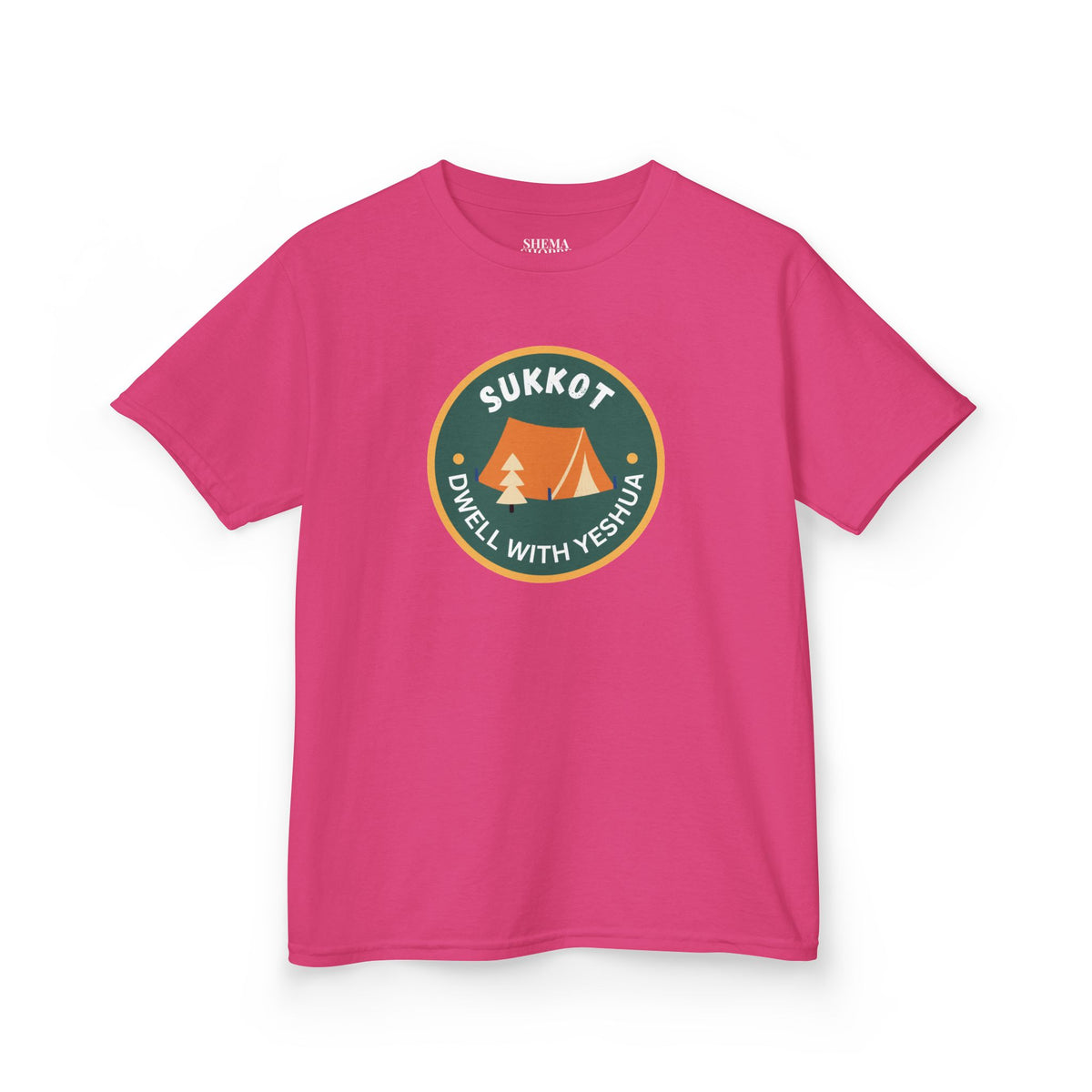 Kids Sukkot Tee — 'Sukkot - Dwell with Yeshua' Camping Badge Shirt