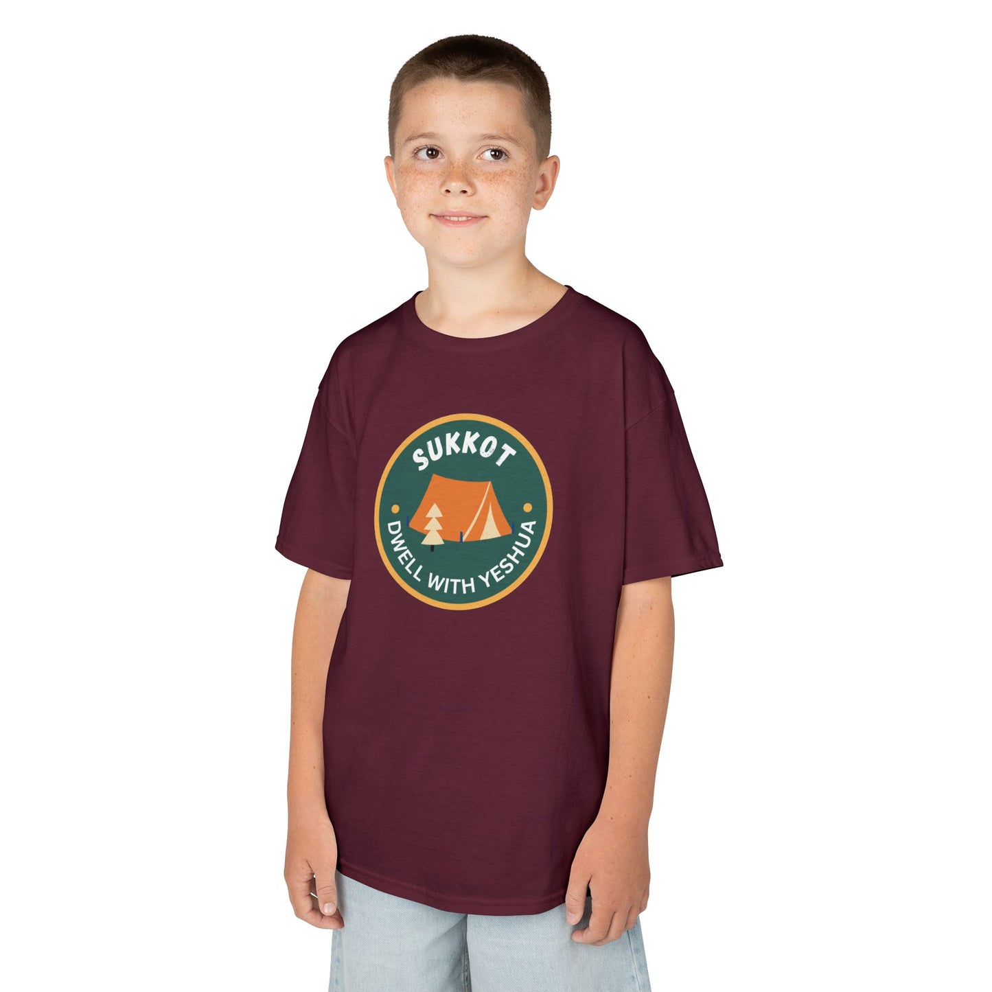 Kids Sukkot Tee — 'Sukkot - Dwell with Yeshua' Camping Badge Shirt