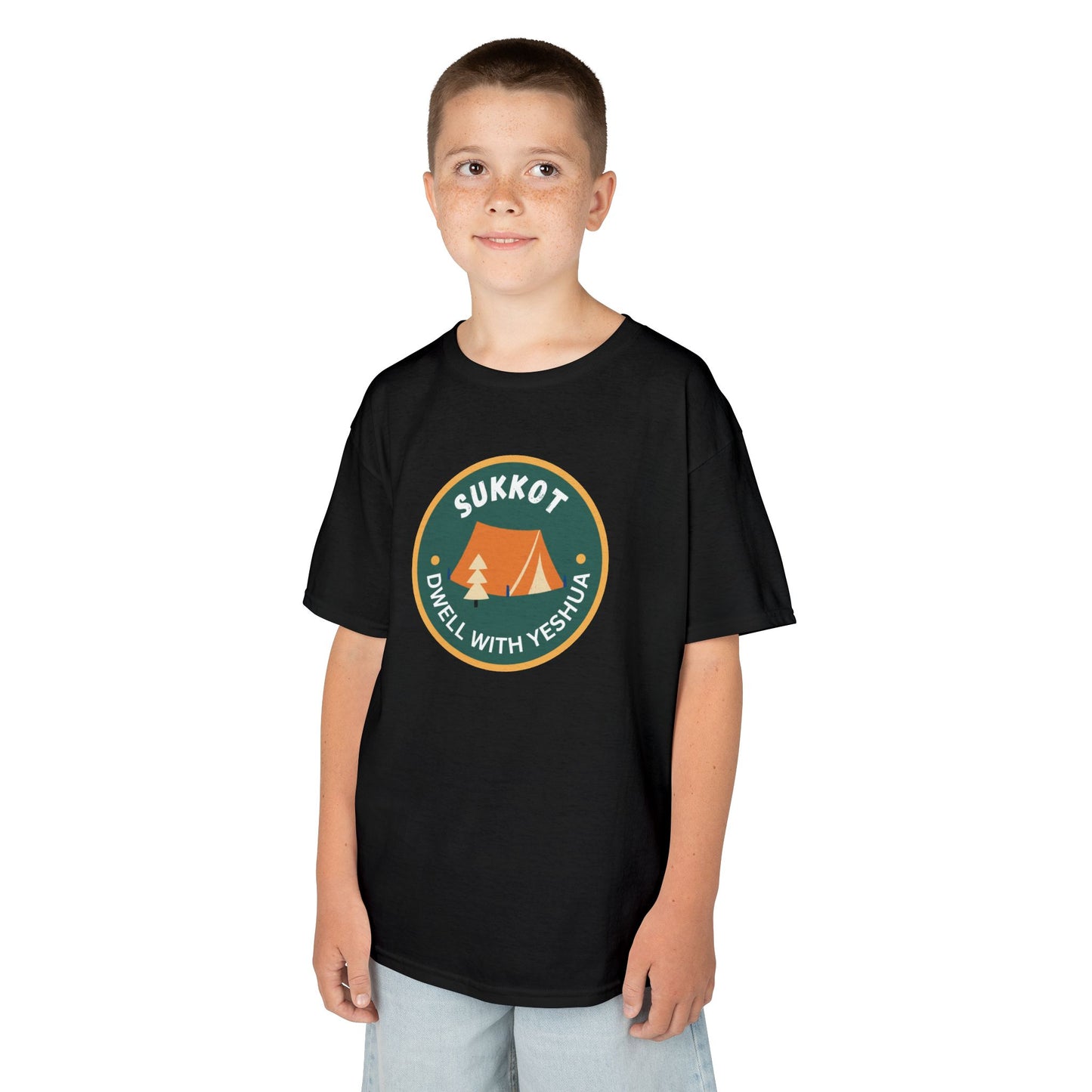 Kids Sukkot Tee — 'Sukkot - Dwell with Yeshua' Camping Badge Shirt