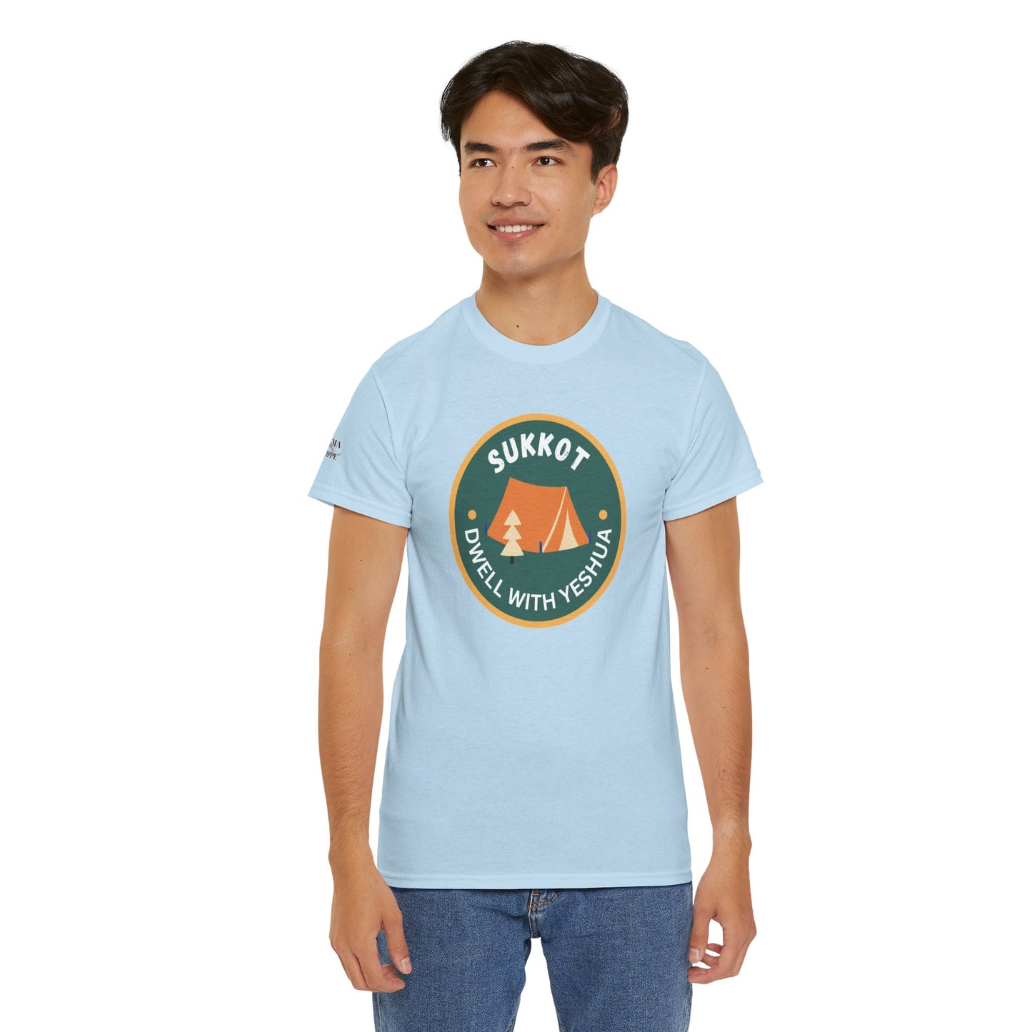 Sukkot Camping Tee — “Dwell With Yeshua” Biblical Feast T‑Shirt