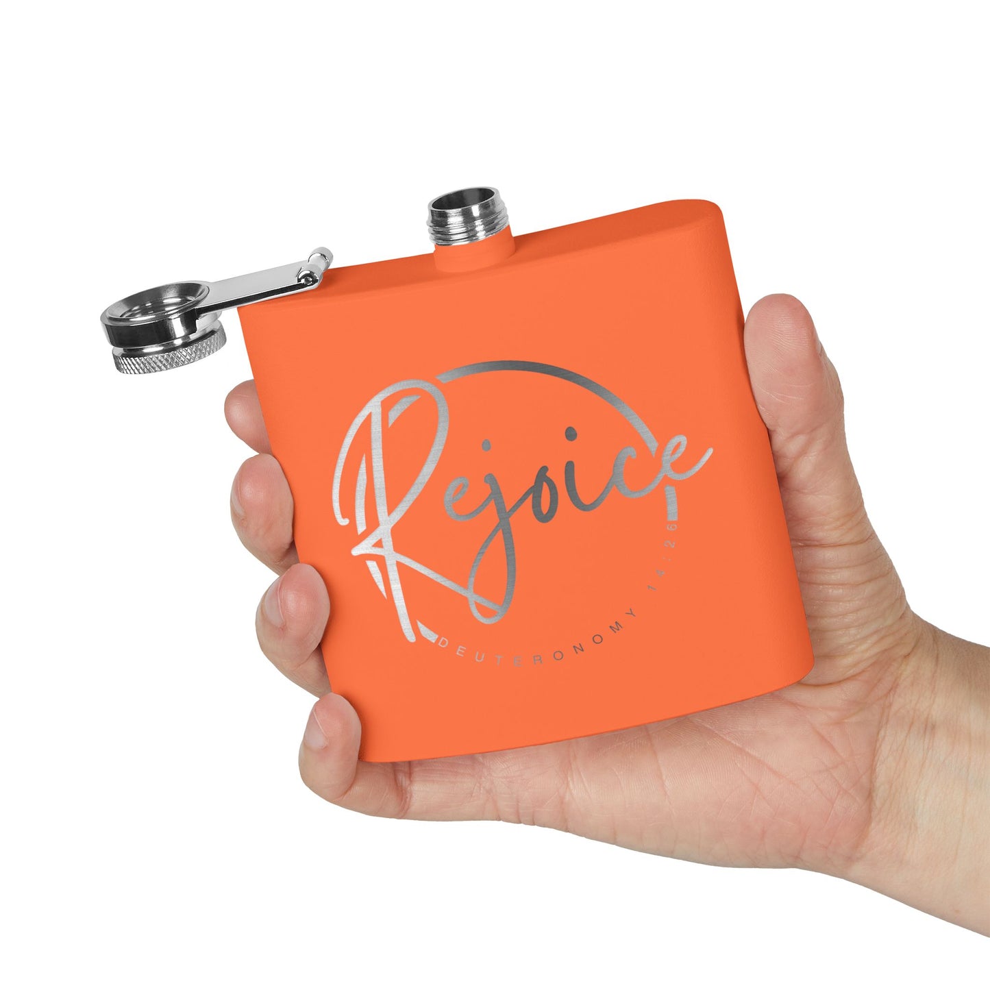Rejoice Stainless Steel Flask — 6oz Inspirational Biblical Feasts Hip Flask (Deuteronomy 12:7)