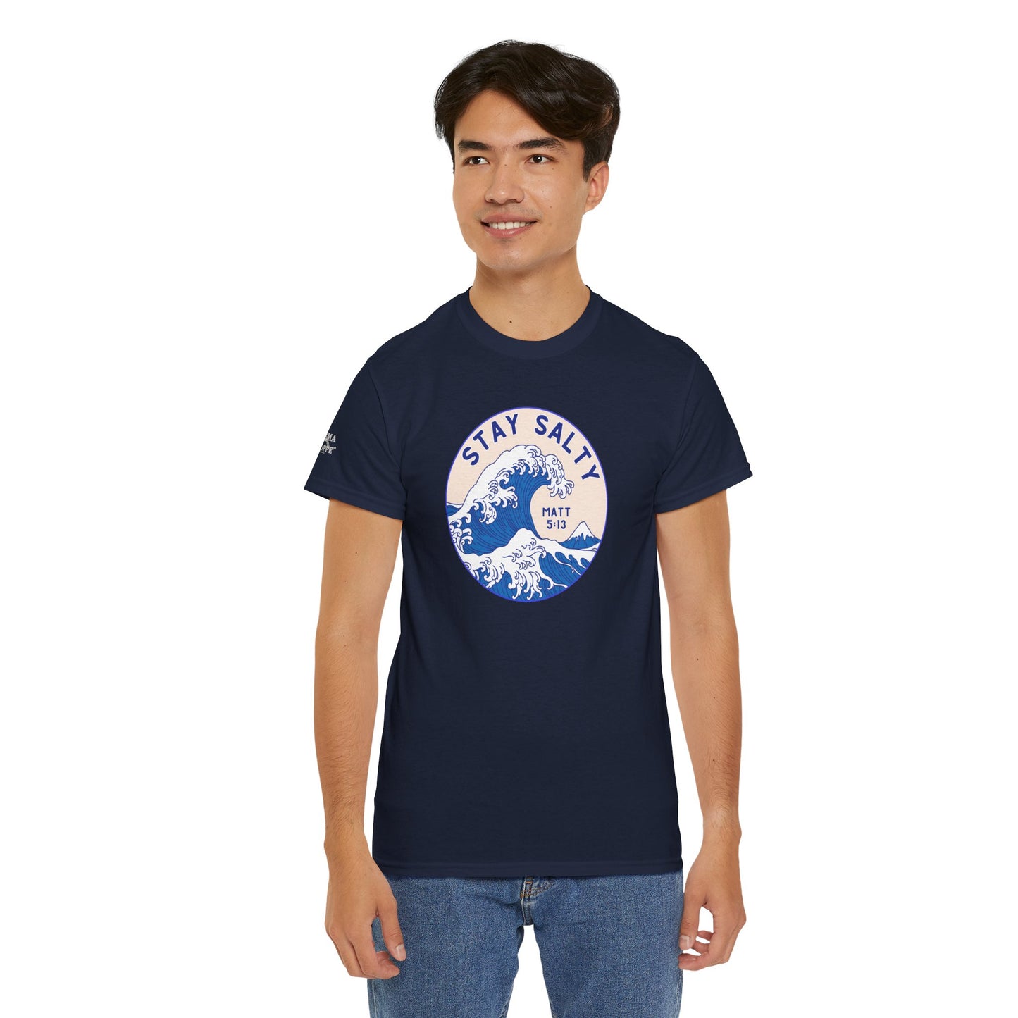 Stay Salty Surf T-Shirt — Coastal Wave Graphic with Matthew 5:13 (Hokusai-Inspired)