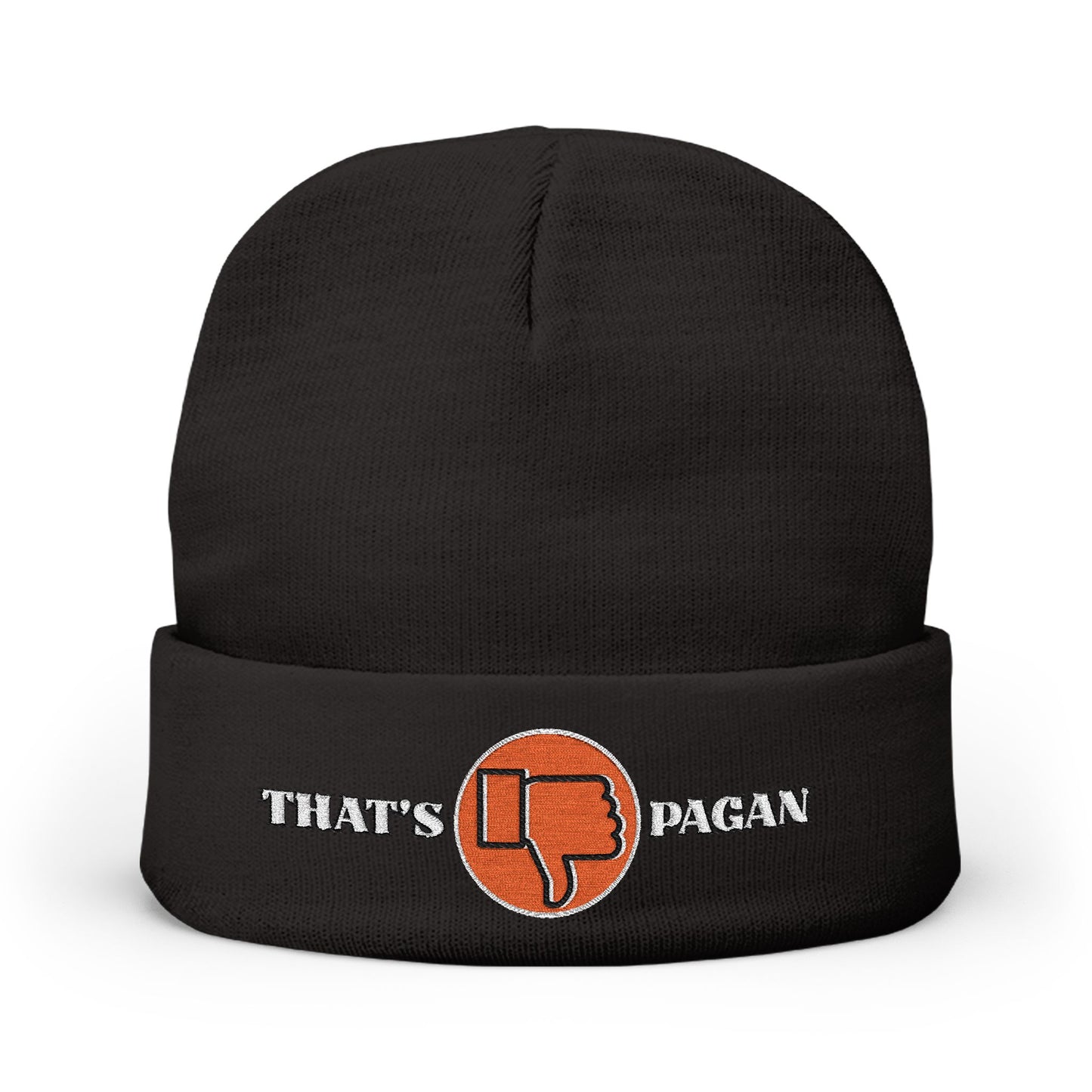 Embroidered 'That's Pagan' Knit Beanie — Thumbs Down Logo Winter Hat