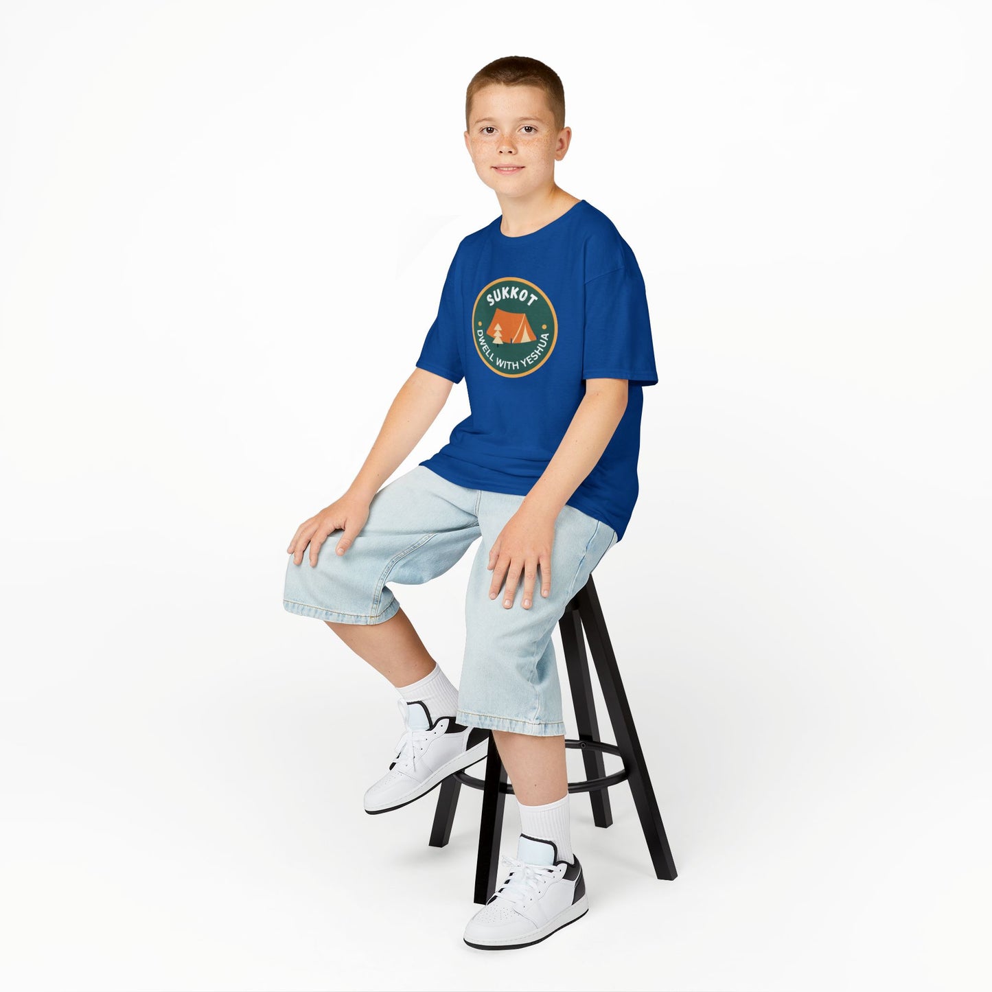 Kids Sukkot Tee — 'Sukkot - Dwell with Yeshua' Camping Badge Shirt