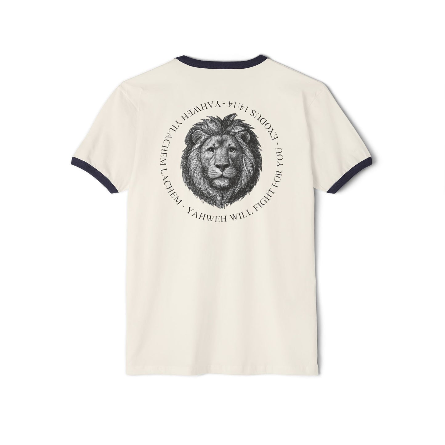 Ringer T-Shirt — Hebrew 'Yahweh Will Fight For You' with Lion Graphic Exodus 14:14