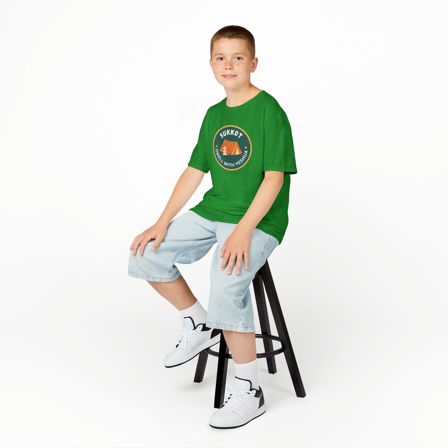 Kids Sukkot Tee — 'Sukkot - Dwell with Yeshua' Camping Badge Shirt