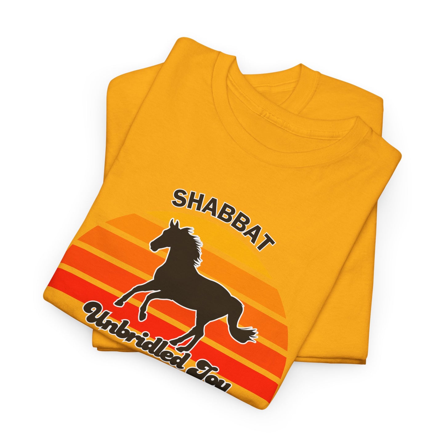 Shabbat Unbridled Joy Tee — Retro Horse Sabbath Sunset T‑Shirt