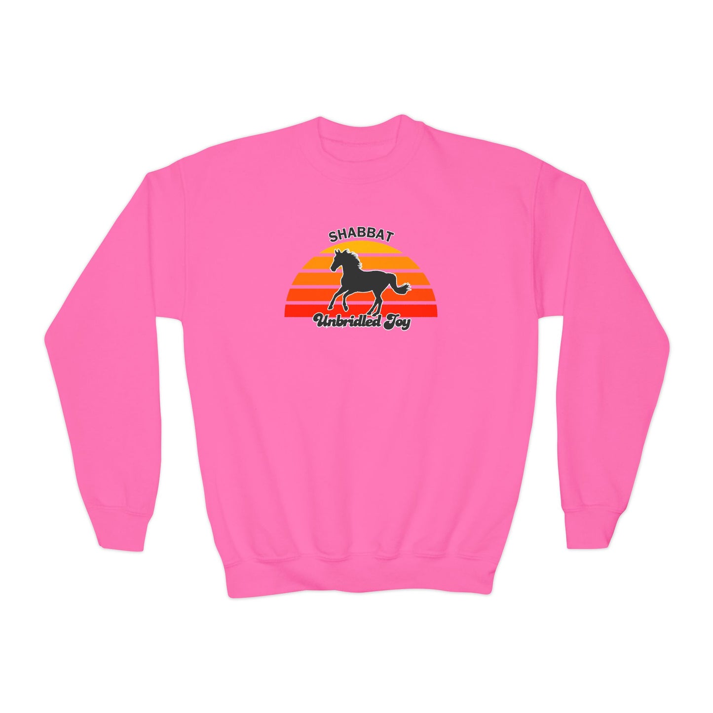 Youth Crewneck Sweatshirt — "Shabbat: Unbridled Joy" Retro Sunset Horse Design