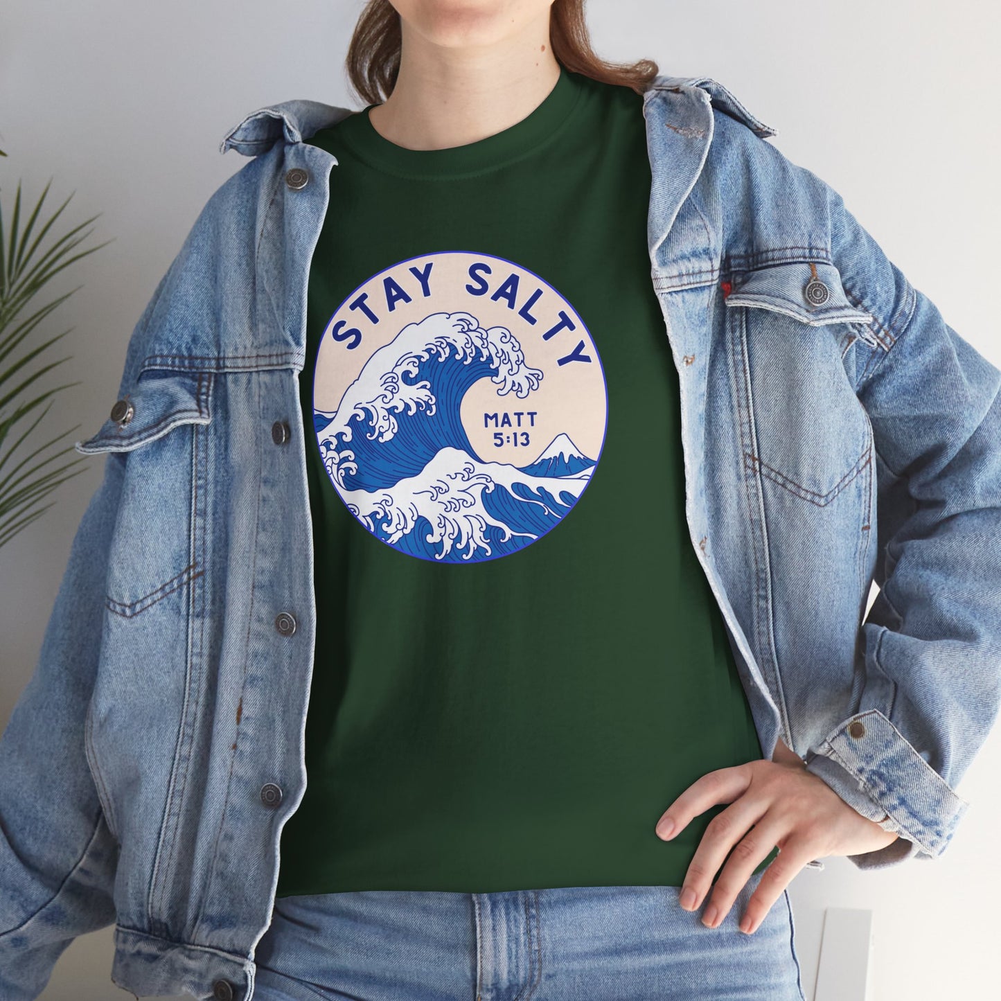 Stay Salty Surf T-Shirt — Coastal Wave Graphic with Matthew 5:13 (Hokusai-Inspired)