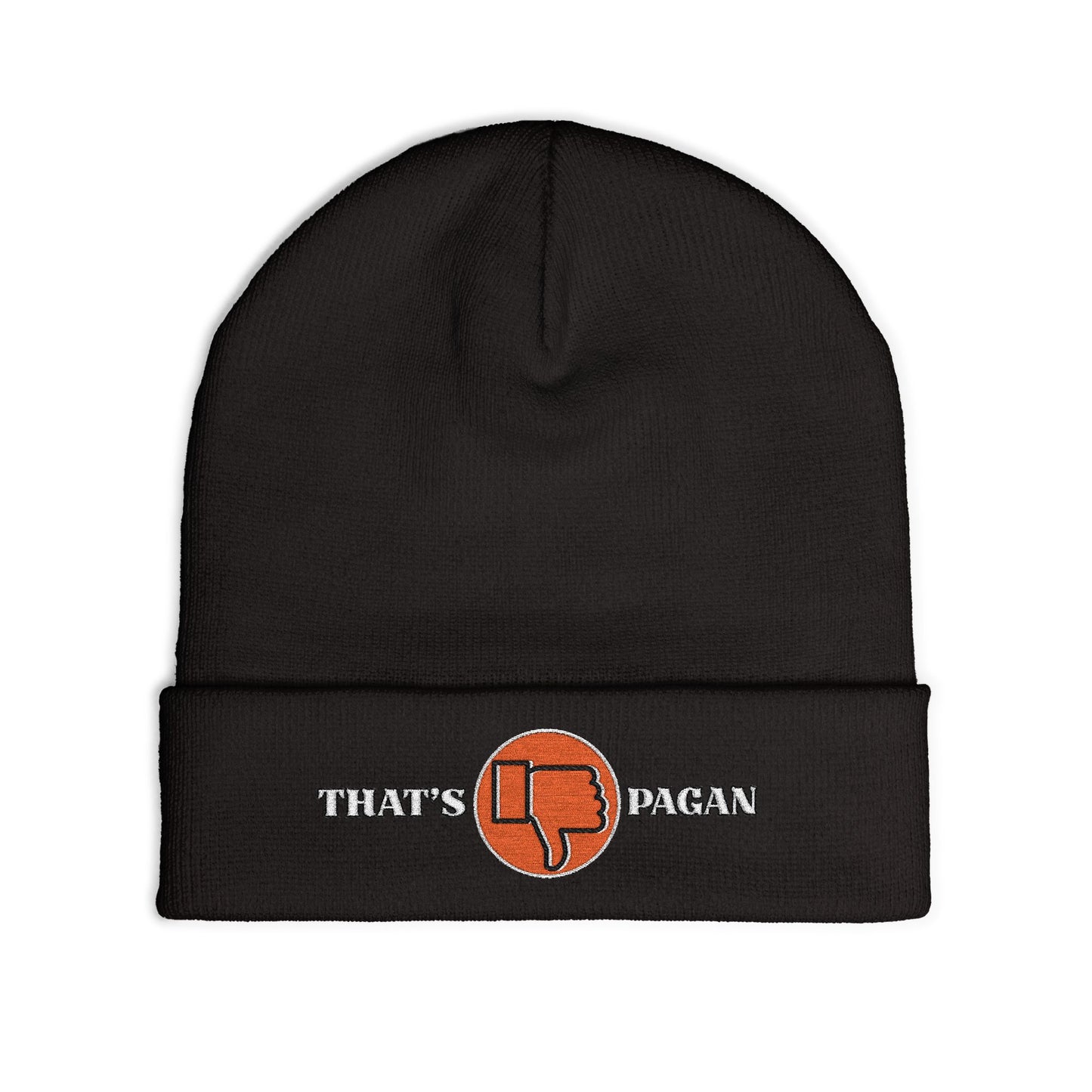 Embroidered 'That's Pagan' Knit Beanie — Thumbs Down Logo Winter Hat