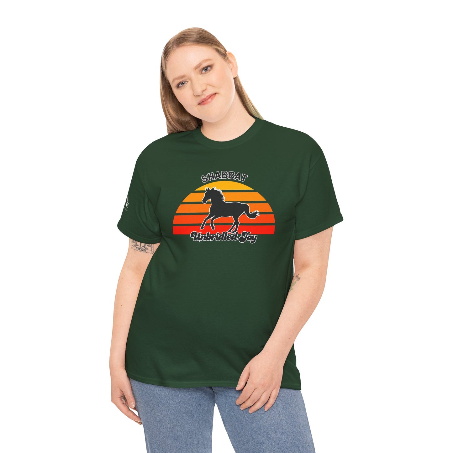 Shabbat Unbridled Joy Tee — Retro Horse Sabbath Sunset T‑Shirt