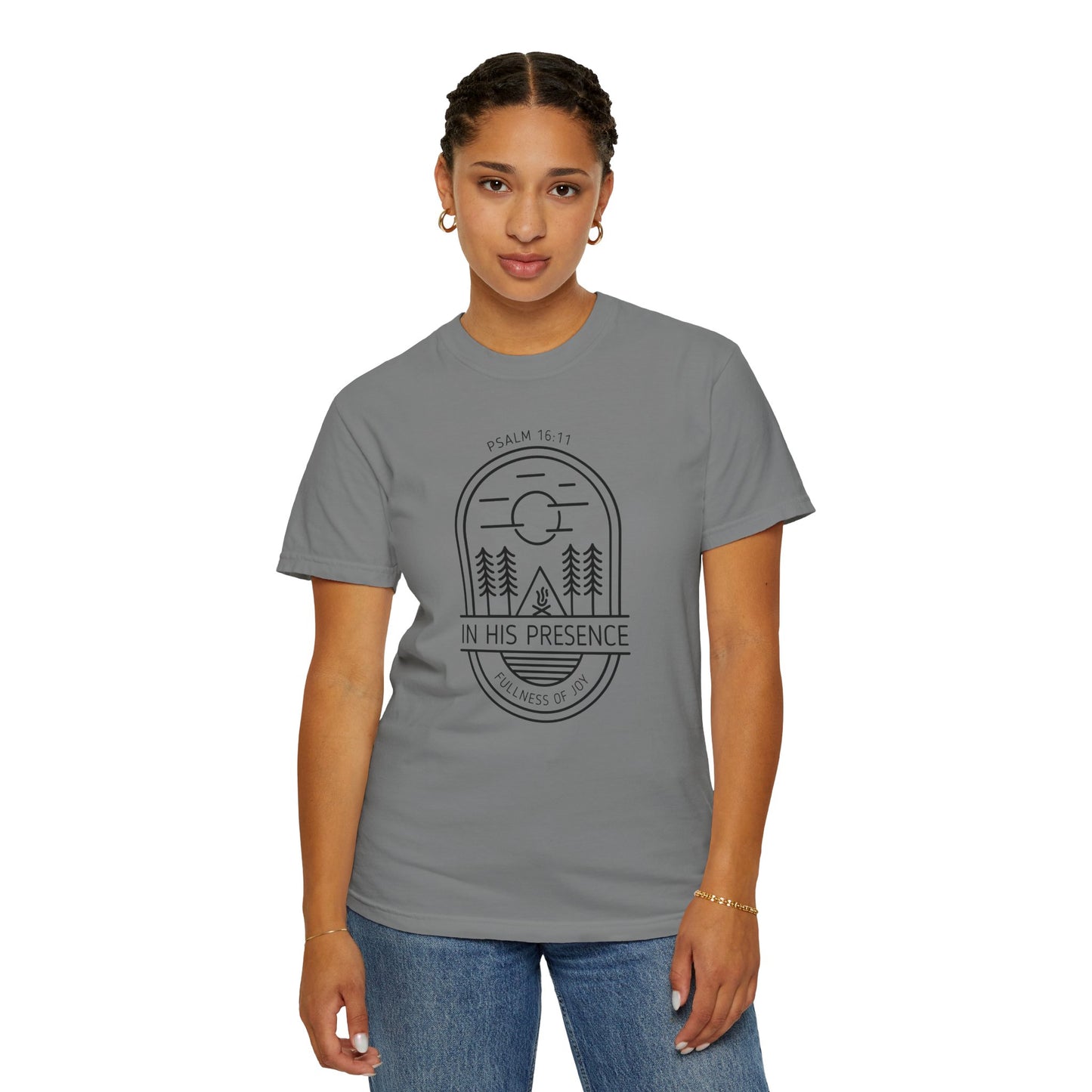 In His Presence T-Shirt — Psalm 16:11 Bible Verse Nature Comfort Colors Cotton Shirt
