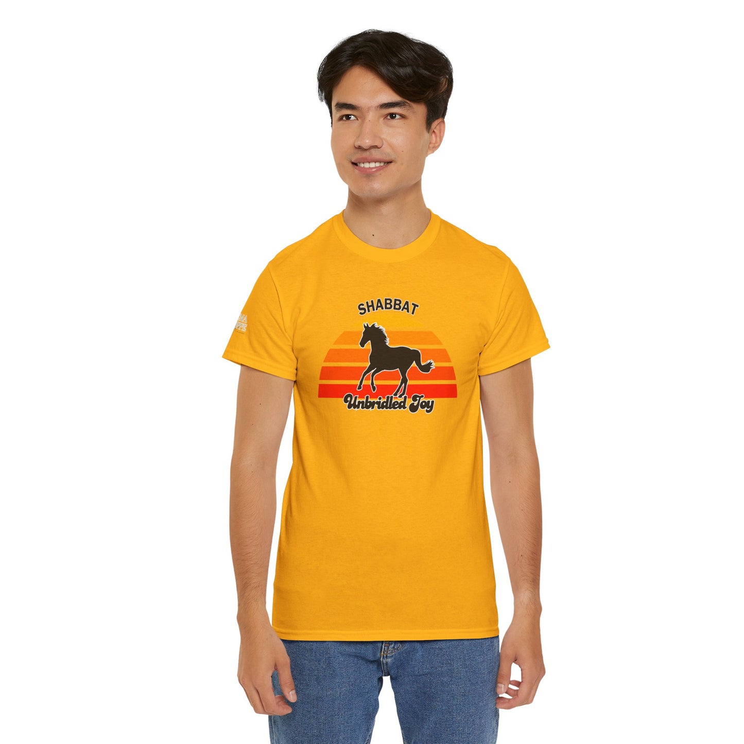 Shabbat Unbridled Joy Tee — Retro Horse Sabbath Sunset T‑Shirt