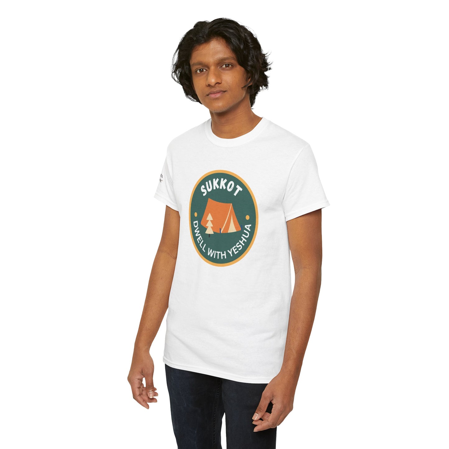 Sukkot Camping Tee — “Dwell With Yeshua” Biblical Feast T‑Shirt