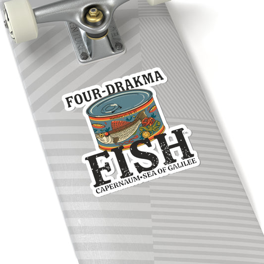 Vintage Four-Drakma Fish Company Kiss-Cut Sticker - Unique Decor for Laptops, Journals, and Gifts, Retro Aesthetic, Great for Bibliophiles