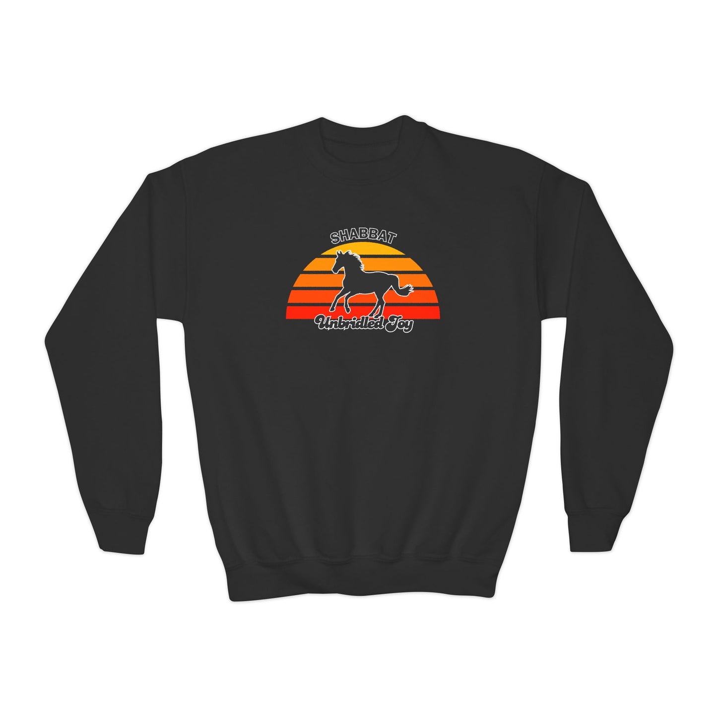 Youth Crewneck Sweatshirt — "Shabbat: Unbridled Joy" Retro Sunset Horse Design