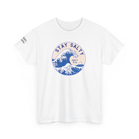 Stay Salty Surf T-Shirt — Coastal Wave Graphic with Matthew 5:13 (Hokusai-Inspired)