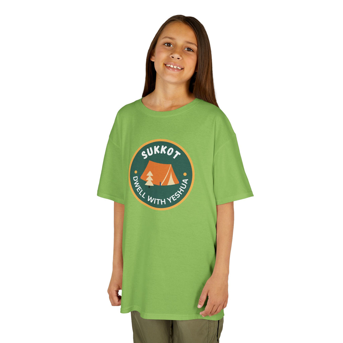 Kids Sukkot Tee — 'Sukkot - Dwell with Yeshua' Camping Badge Shirt