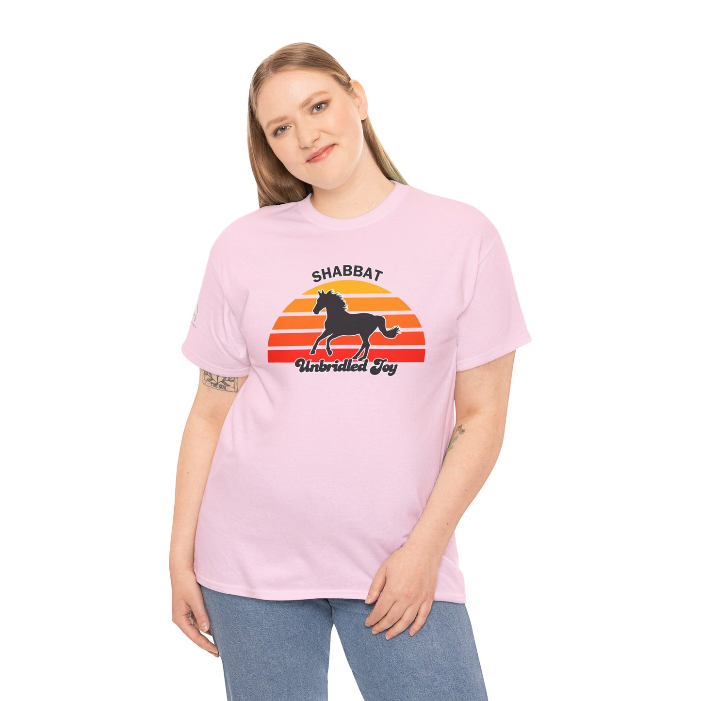 Shabbat Unbridled Joy Tee — Retro Horse Sabbath Sunset T‑Shirt