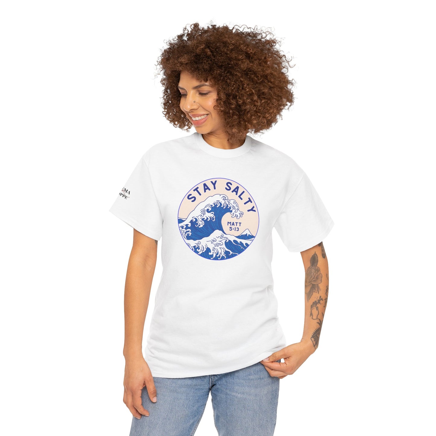 Stay Salty Surf T-Shirt — Coastal Wave Graphic with Matthew 5:13 (Hokusai-Inspired)