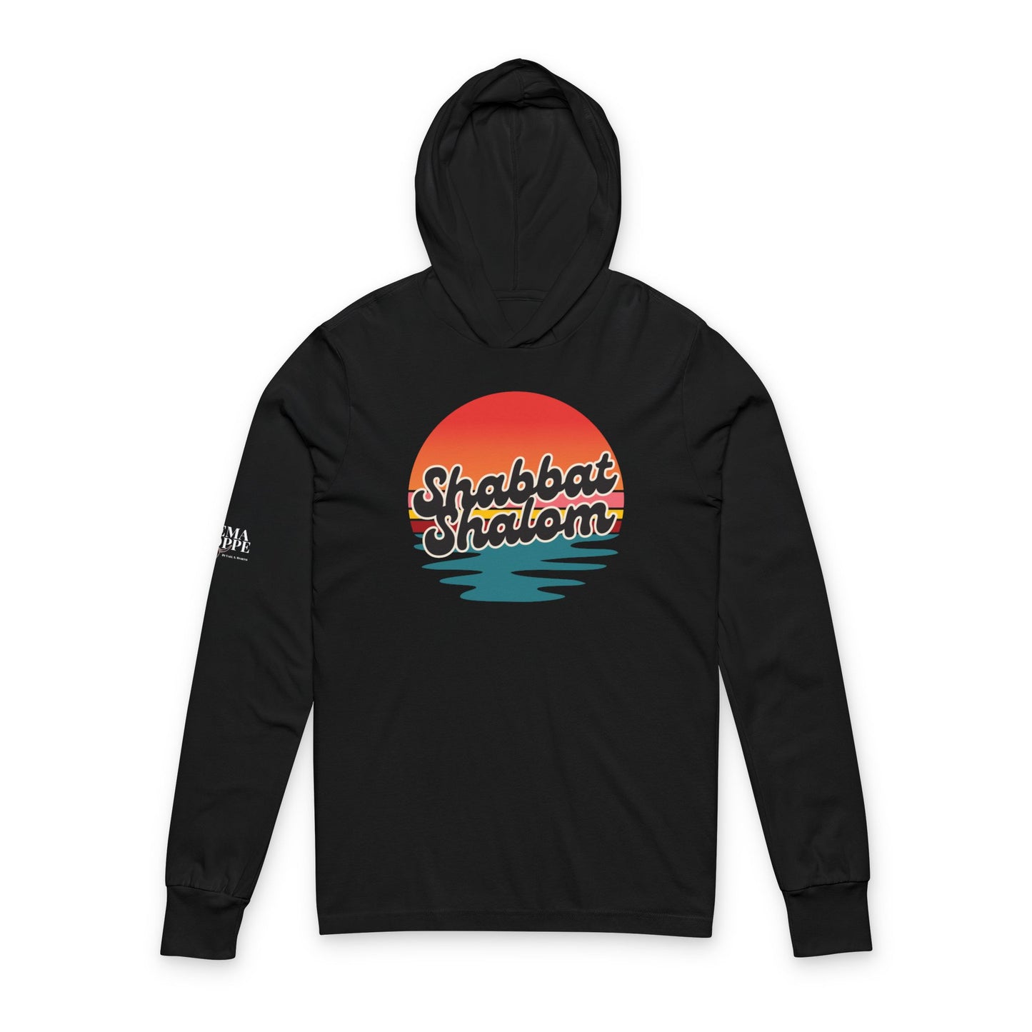 Shabbat Shalom Cotton Hooded Long Sleeve Tee — Retro Sunset Sabbath Shirt